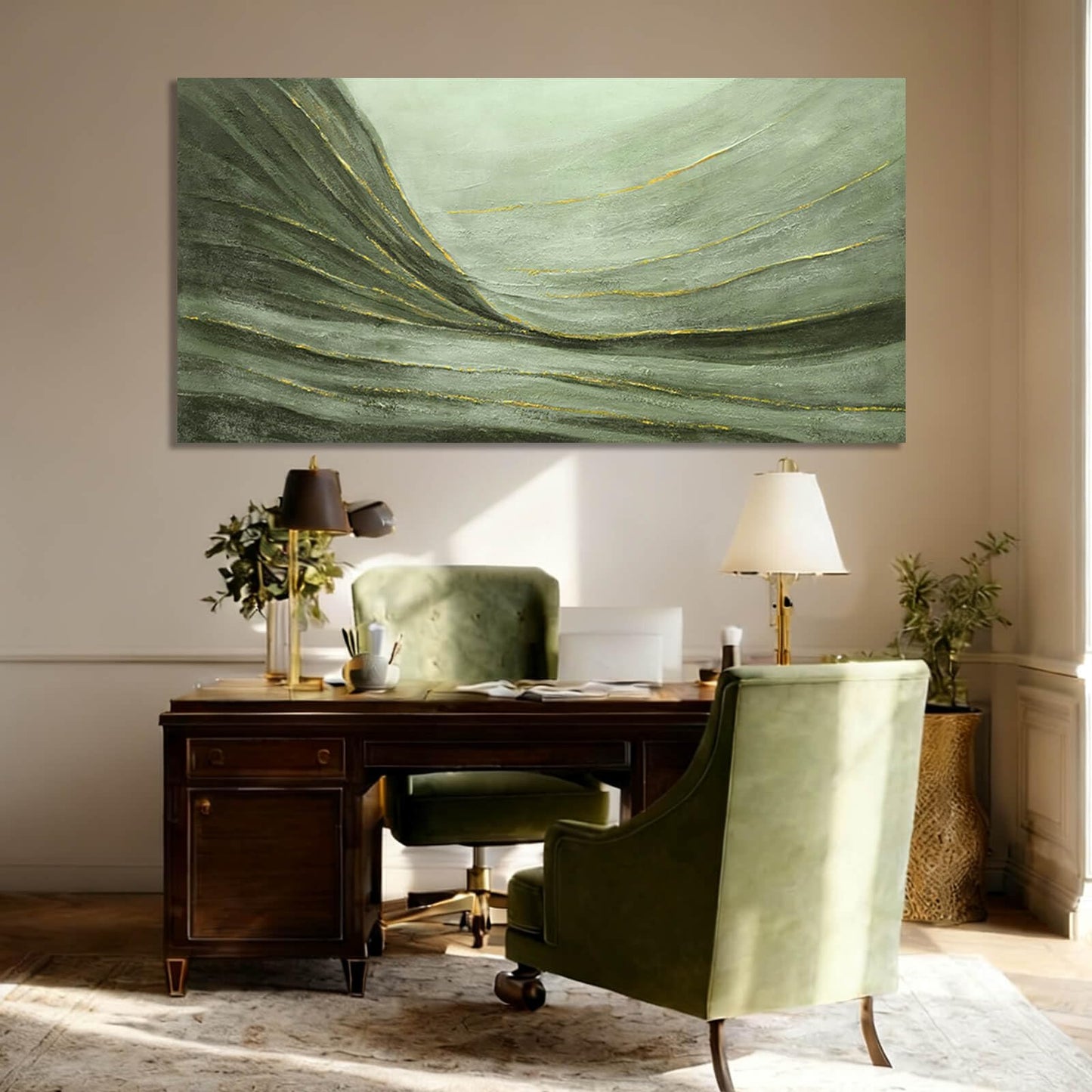 MLART99 Large Green and Gold Abstract Canvas Wall Art 24x48 Inch Modern Minimalist Painting for Living Room Bedroom Office Above Couch Wall Decoration Home Décor