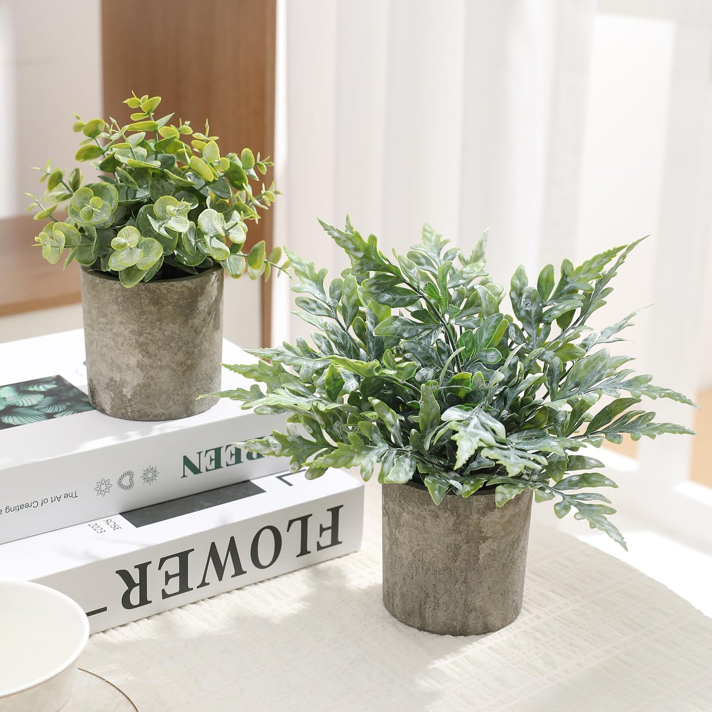 RUIDKUN 3 Pack Mini Potted Fake Plants Artificial Plastic Indoor Eucalyptus Plants for Home, Office, Desk, Bathroom, Coffee Table & Shelf (Green)