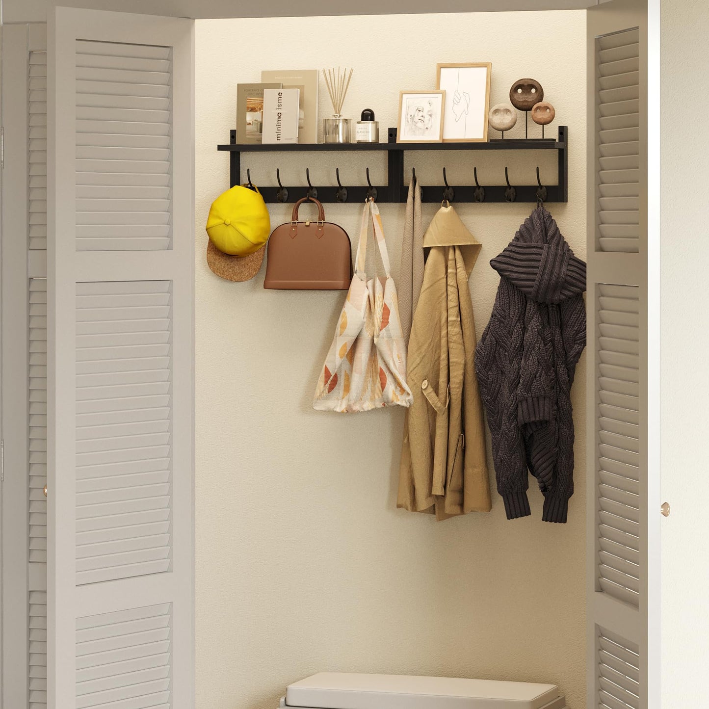 AMBIRD 34.2" Extra Long Wooden Wall Hook Rack with Shelf - Versatile and Decorative Wall-Mounted Storage with 10 Hooks for Coats, Hats, Keys - Ideal for Entryways, Bedrooms, Closets (Stylish Black)