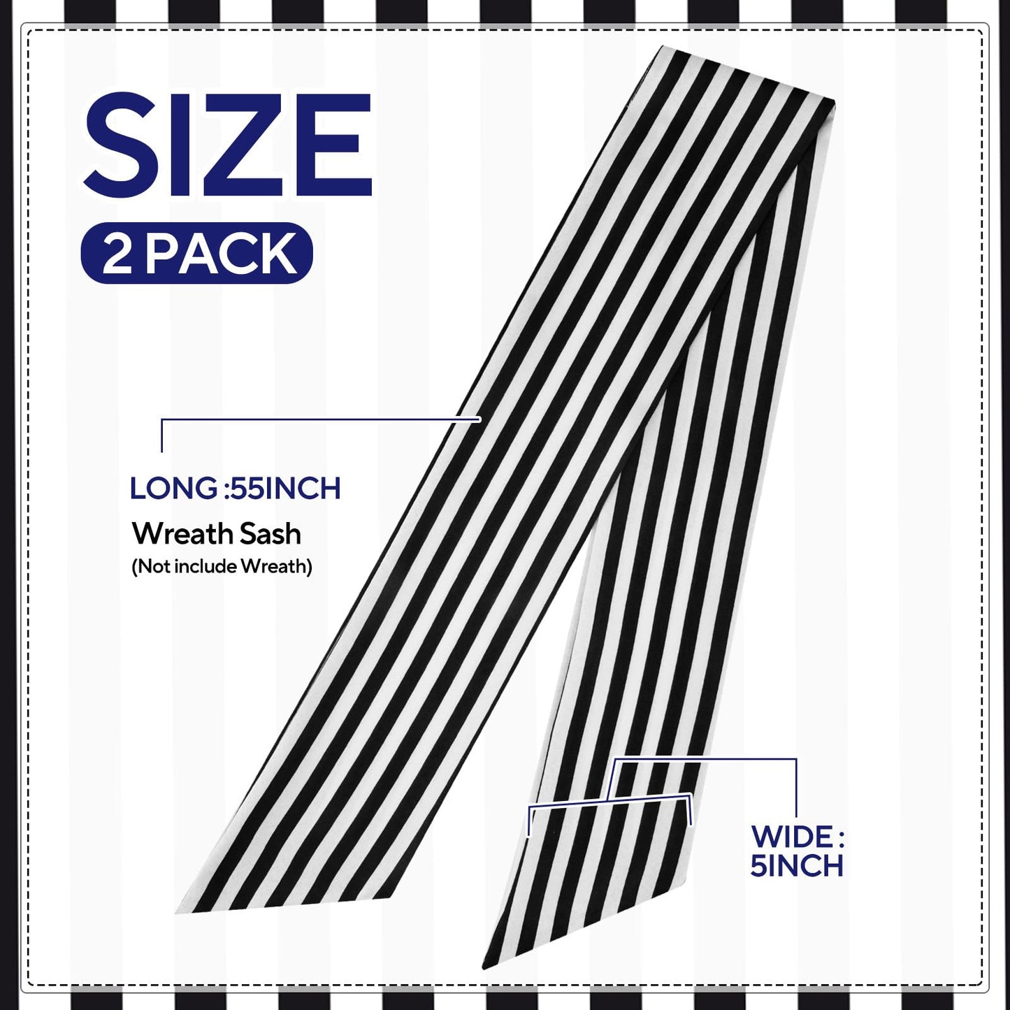 2 Pack Boxwood Wreath Sash Garland for Front Door Porch Decor (Black and White Stripe)