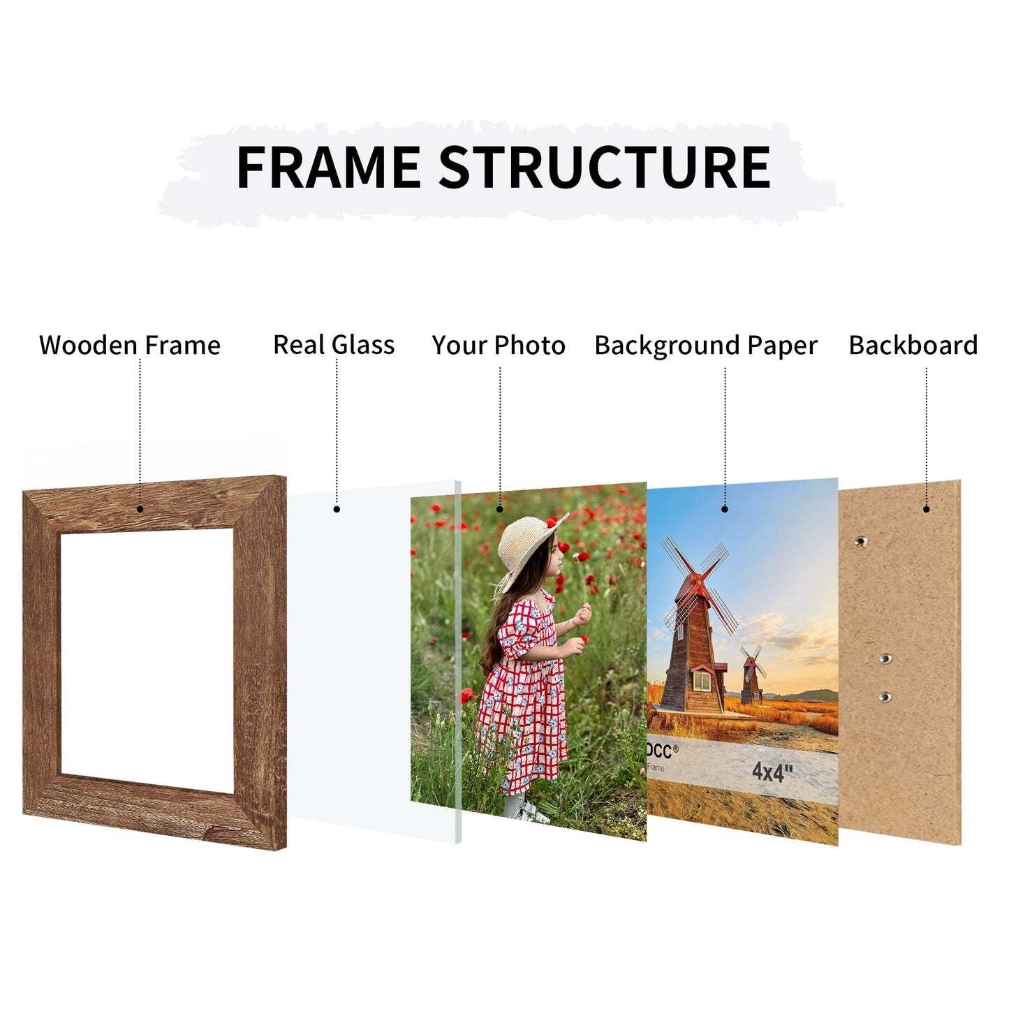 ccdcc 4x4 Collage Picture Frames Set of 2, Rustic Wooden Real Glass Vertical Hanging 3 Opening 4 by 4 Photo Frame, Rustic Brown