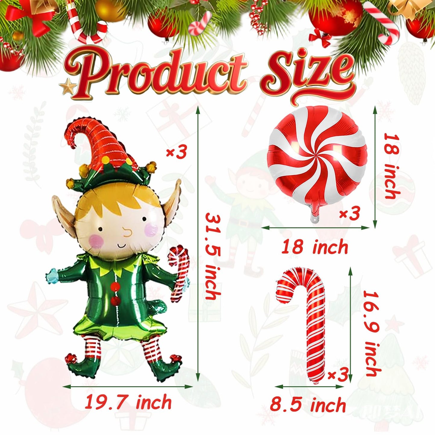 Pensar 9Pcs Christmas Elf Balloons Candy Cane Foil Balloons for Xmas Candies Theme Decor, Elf Party Decorations, New Year Christmas Decoration Party Supplies