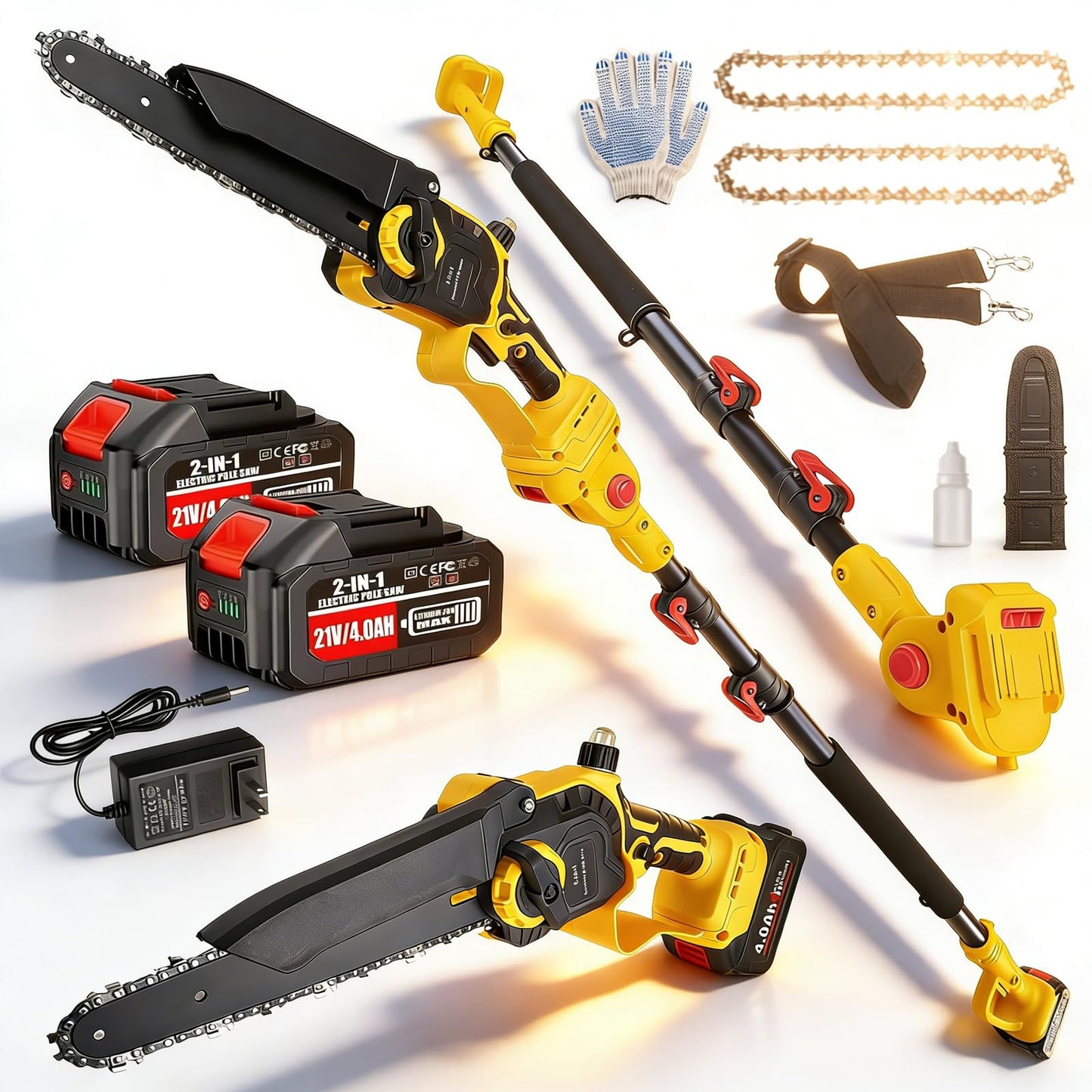 2-in-1 Cordless Pole Saw for Tree Trimming, Brushless Electric 8-Inch Mini Chainsaw with 2 x 4000mAh Battery Powered, Angle Adjustable / 16-Foot MAX Extension Pole, Branch Cutter Pruner