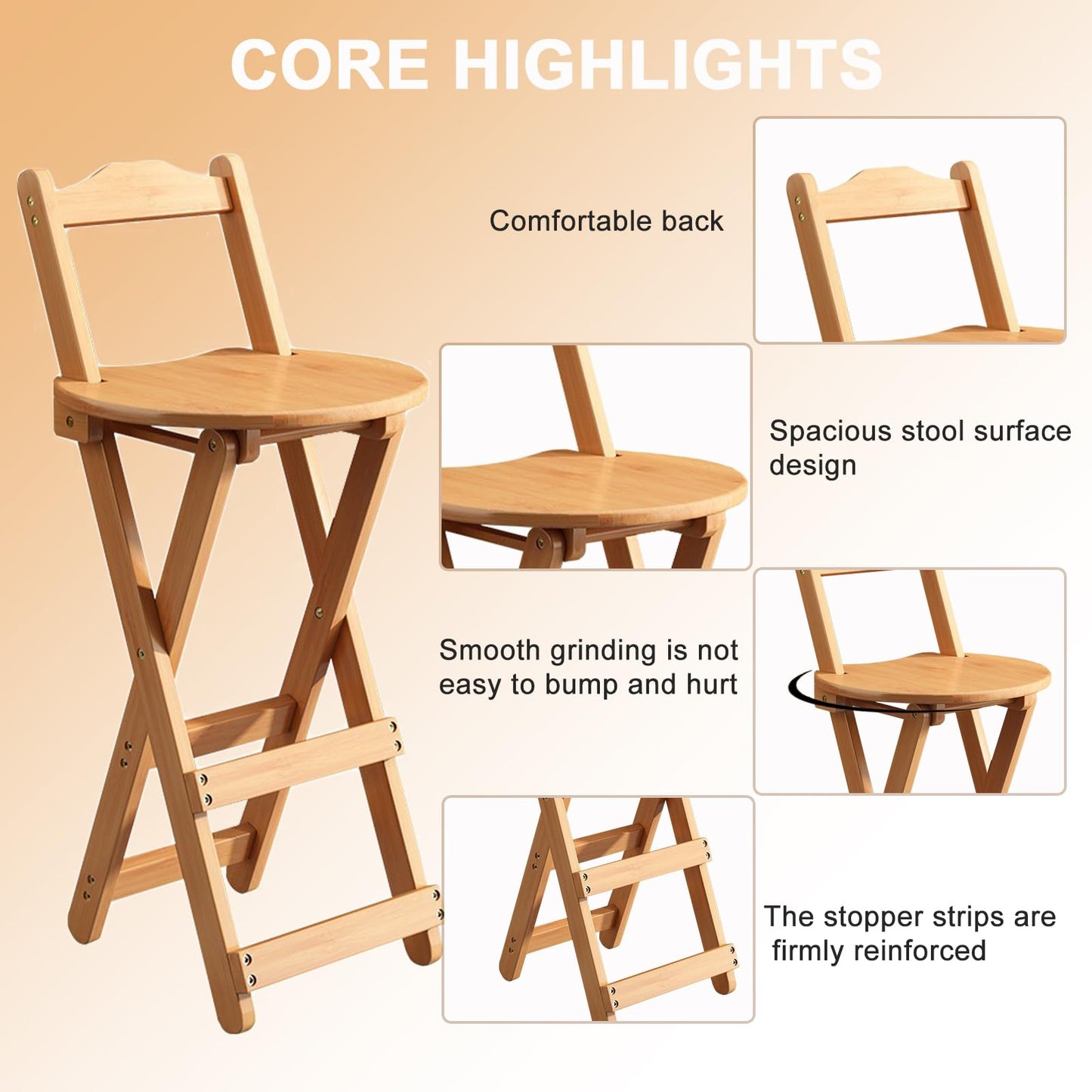 Yuxitia Folding Bar Stool Kitchen 24 inch Folding Kitchen Counter Chair Portable Wooden Bar Stool Outdoor Shop Kitchen Restaurant Coffee Stool 1 (Burlywood)