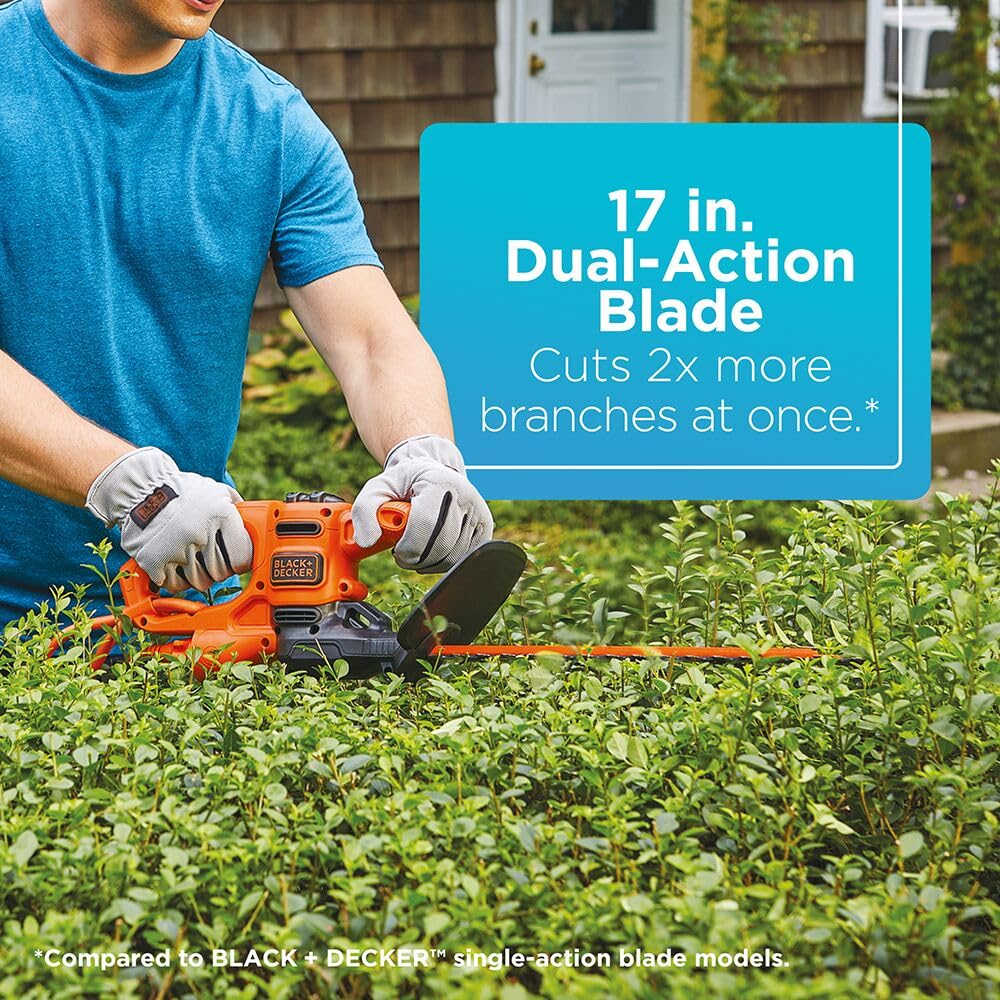 BLACK+DECKER Electric Hedge Trimmer, 17-Inch Corded 3.2 Amp, Dual Action, Reduced Vibration, Cleaner Cut, Lightweight, 3800 Cuts per Min (BEHT150)
