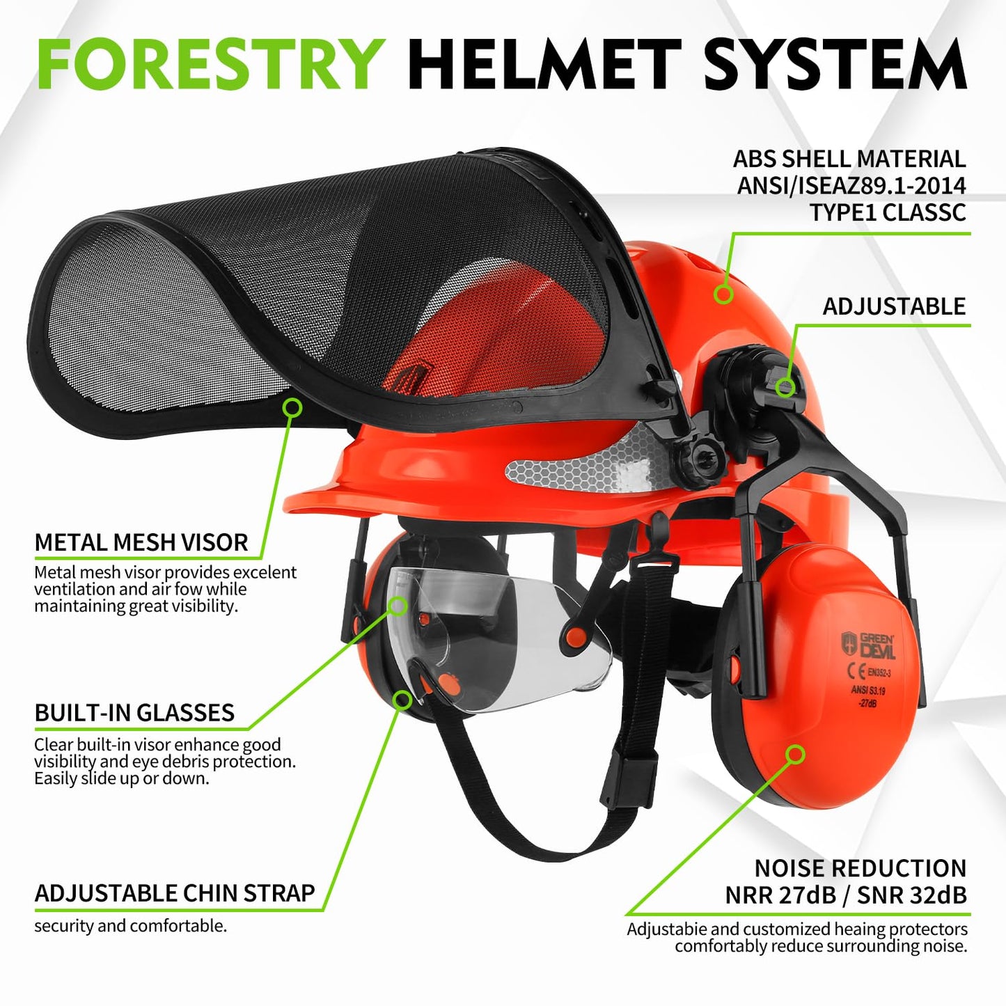 GREEN DEVIL Chainsaw Safety Protective Helmet Forestry Helmet with Build-in Visor Mesh Face Shield Ear Muffs 4 in 1 Ideal for Arborist Tree Work DIY Outdoor Logging Hard hat