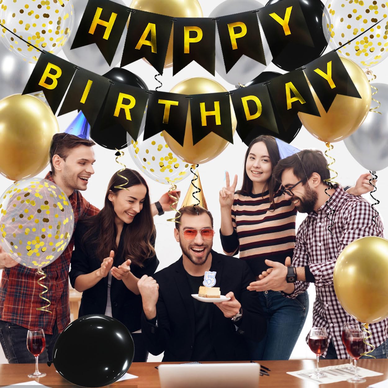 Happy Birthday Banner, Black Gold Birthday Decoration, 16 Pcs 12in Balloons with 2 Ribbons for Men Women Girls and Boys Party Decoration