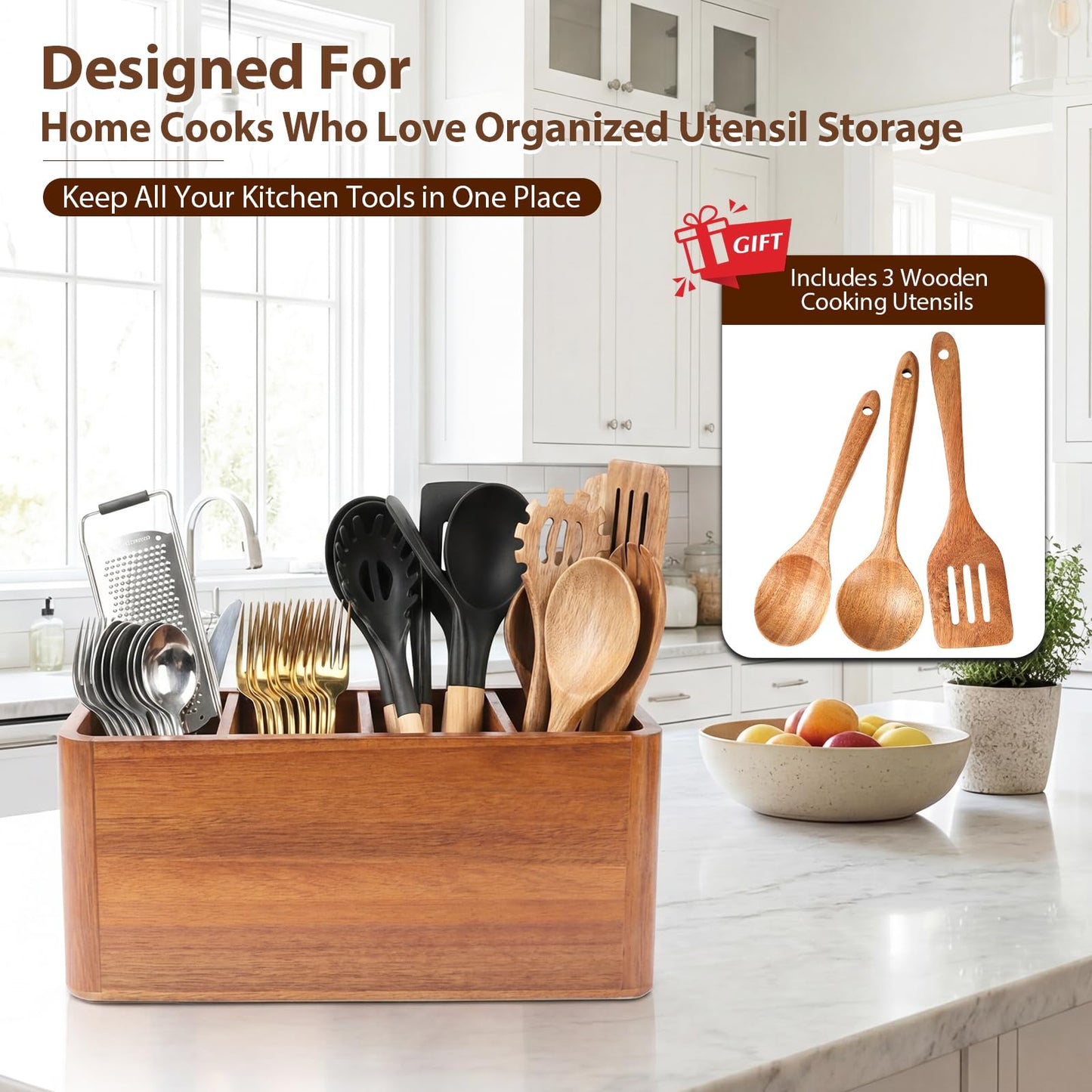 powerful xishan Kitchen Utensil Holder for Countertop, Extra Large Acacia Wood Utensil Organizer, 4-Compartment Storage for Cooking Utensils, Silverware and Cutlery