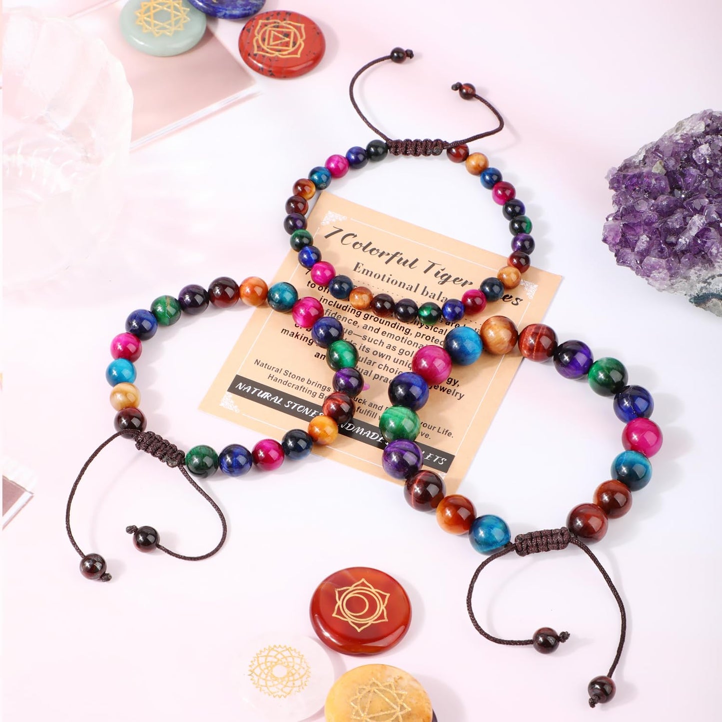 AD Beads 8mm 7 Colorful Tiger Eyes - Emotional balance - Handmade Natural Stone Crystal Bracelet with Adjustable Macrame String - Yoga Healing Power Energy Gifts for Men and Women