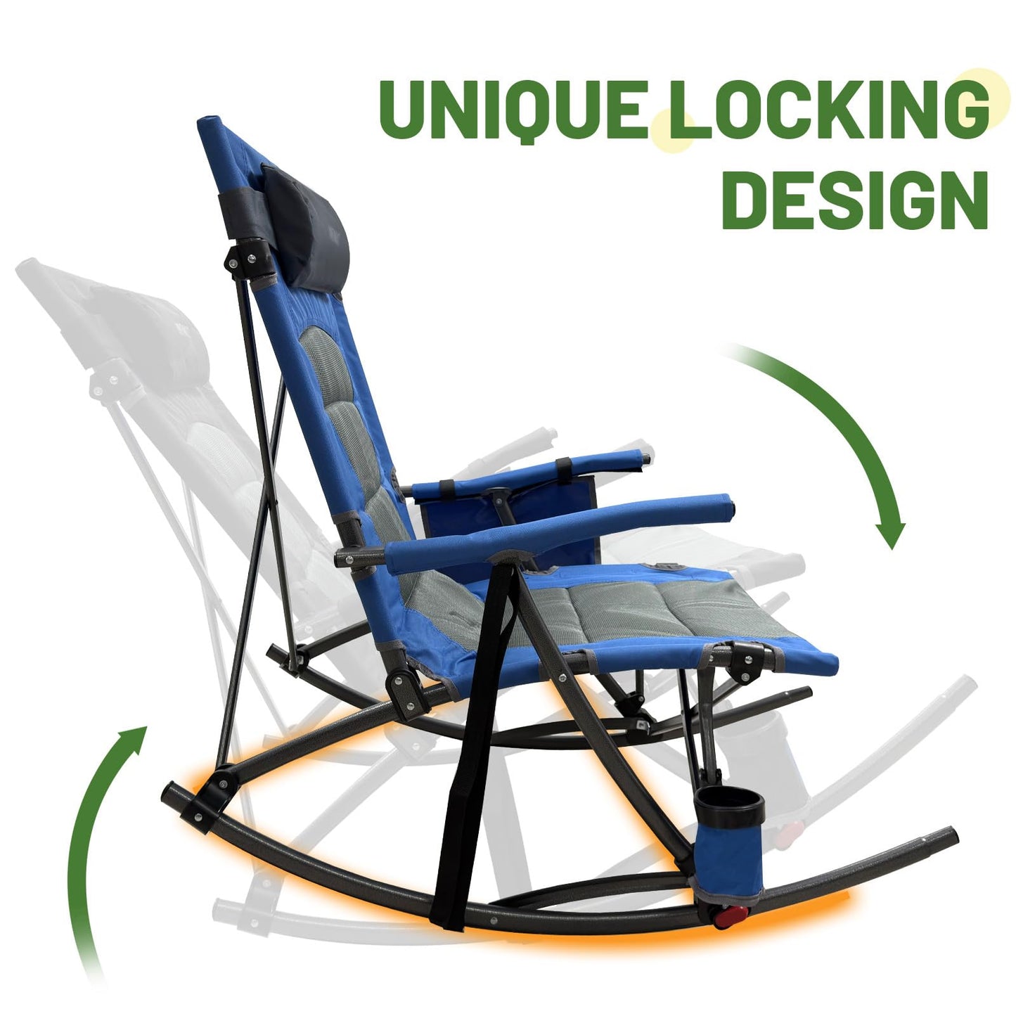 WKFAMOUT 13.8" High Seat Rocking Camping Chair Outdoor with Foot Rest & Headrest, Oversized Folding Rocker Chair with Carry Bag for Lawn Patio Supports 300 lbs
