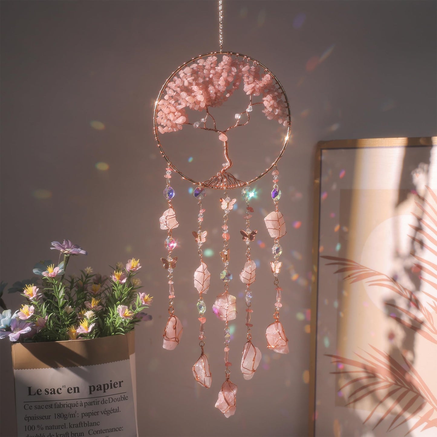Pink Dream Catchers Crystal Tree of Life Dreamcatcher with Rose Quartz Butterfly Crystal Suncatcher for Windows Hangings Prism Decor Wall Bedroom Decoration Gifts for Boys Adults