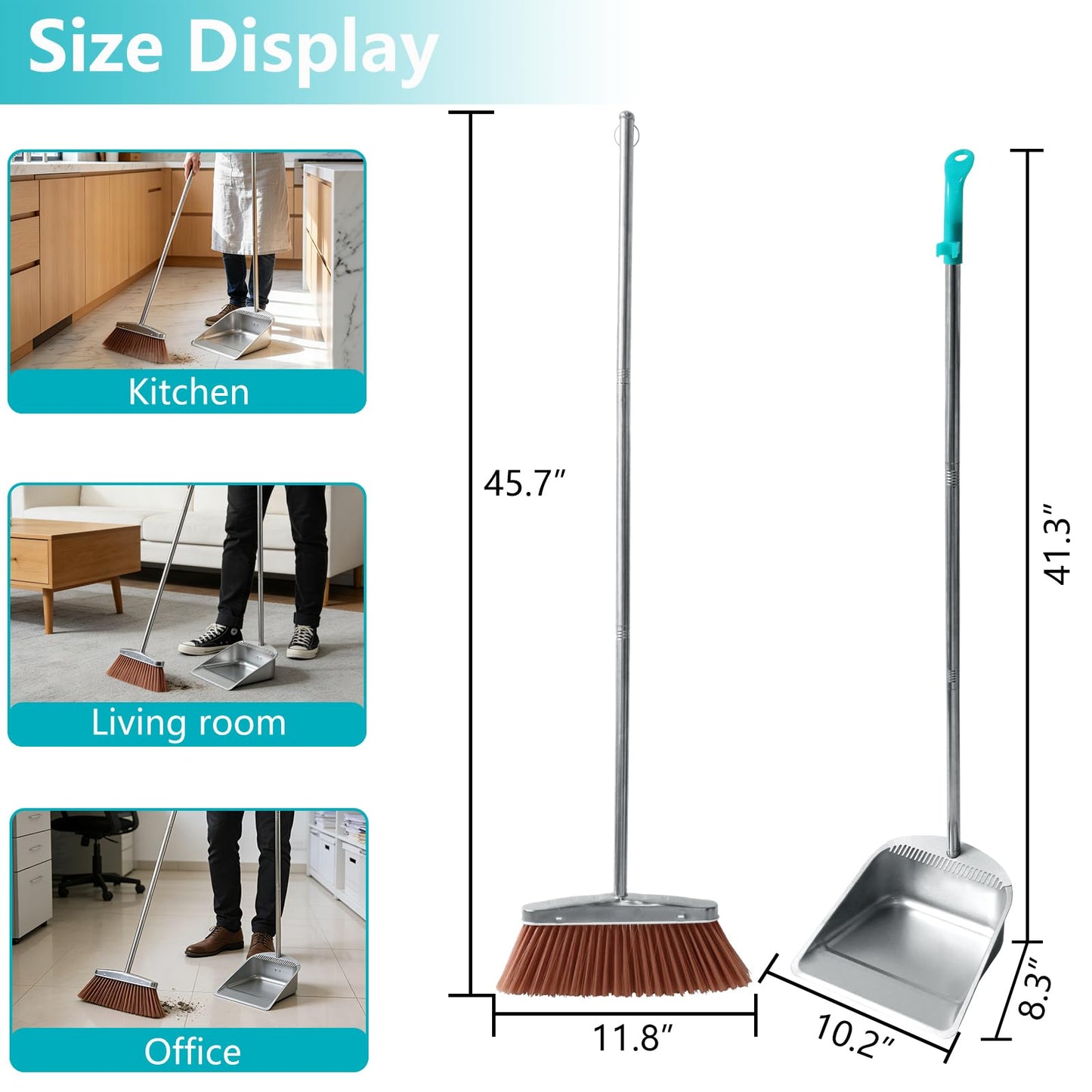 Stainless Steel Broom and Dustpan Set, 2-Piece, Long Handle Standing Design with Comb Teeth, Heavy Duty Windproof Upright for Home, Kitchen, Indoor Outdoor Use (Silver Teeth)