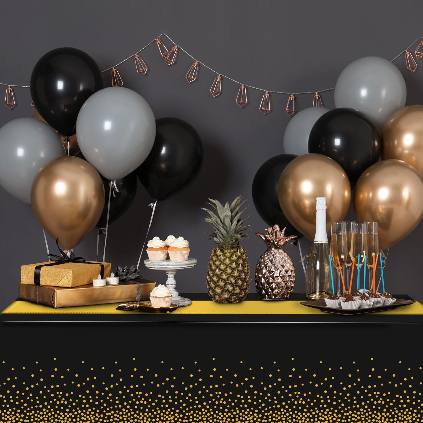 3Pcs Black and Gold Tablecloth Party Decorations,Plastic Black Table Cloth Printed Gold Table Runner Disposable Rectangle Tables Cover for Birthday Retirement Anniversary Graduation Party,54 x108 Inch