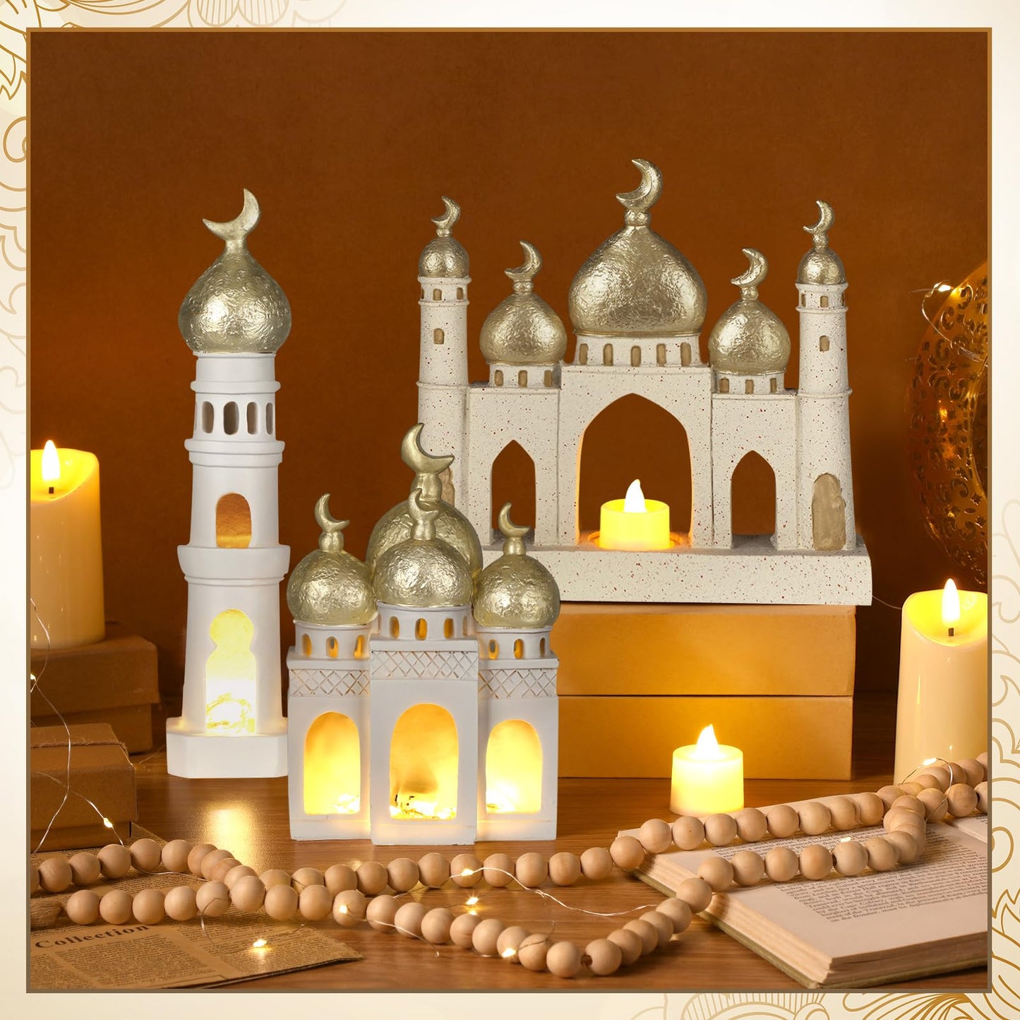 Bucherry 3 Pcs Eid Mubarak Decorations Gold and White Decorative Mosque Tower Ornaments for Home Display Islamic Gift Eid Mubarak Ramadan Table Decor for Muslim Party