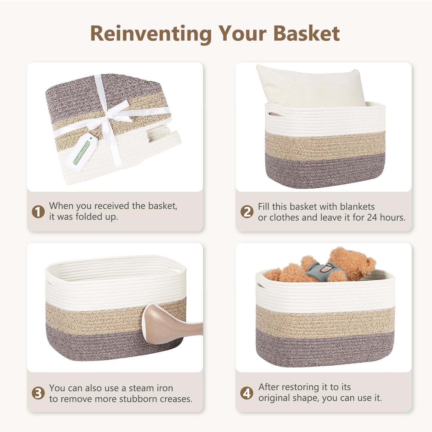 ECDYQXVU Cotton Rope Storage Basket, 15x10x9 Inches, Woven Basket for Shelves, Clothes, Towels, Books, and Laundry, White Brown (1 Pack)