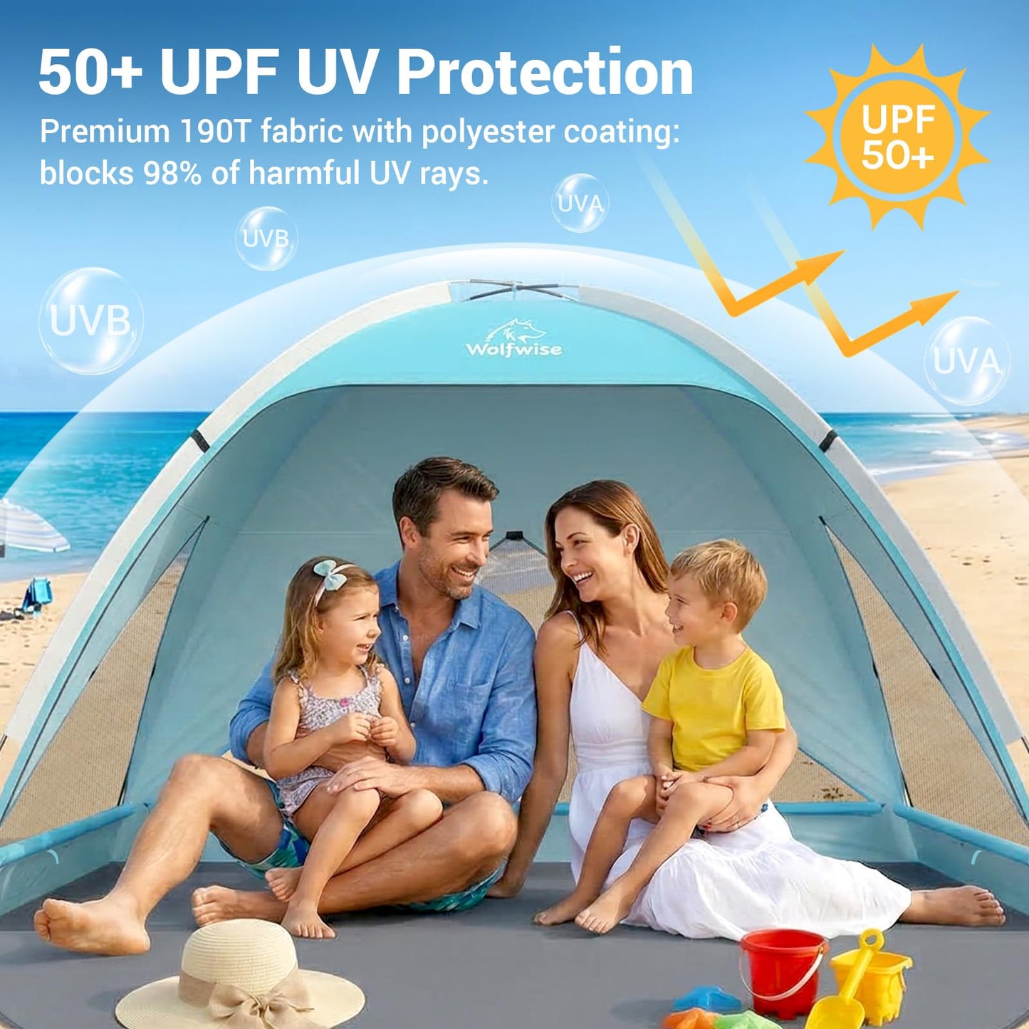 Wolfwise Large Beach Tent Sun Shelter for 3-4 Person, Spacious Sun Shade UPF 50+ UV Protection, Extendable Floor for Privacy, 3 Ventilated Mesh Windows, Portable with Carrying Bag, 95 ″x65″x55″, Blue