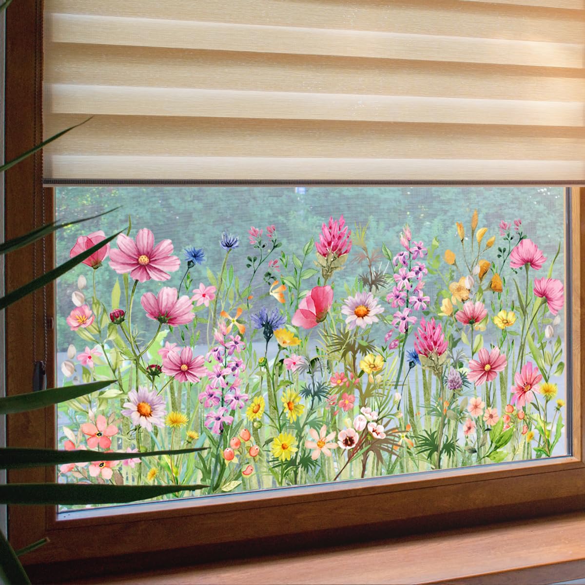 Colorful Wildflower Double-Sided Visual Window Stickers - Spring Summer Botanical Grass Decals PVC Static Cling Peel & Stick Removable Art Decals for Window Mirror Door,30 cm x 60 cm