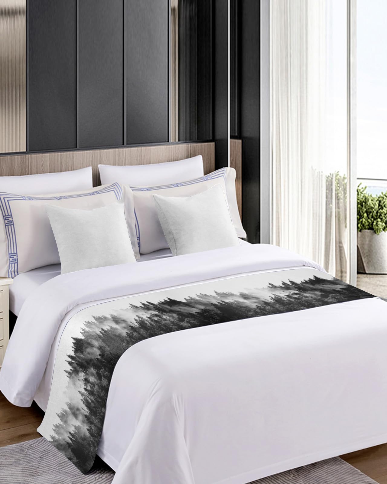 Black Forest Bed Runners for Queen Size Bed, Bed Throws for Foot of Bed, Black and White Natural Landscape Modern Abstract Art Bed Runner Sofa Throw Bedding Scarf Protector Slipcover for Bedroom