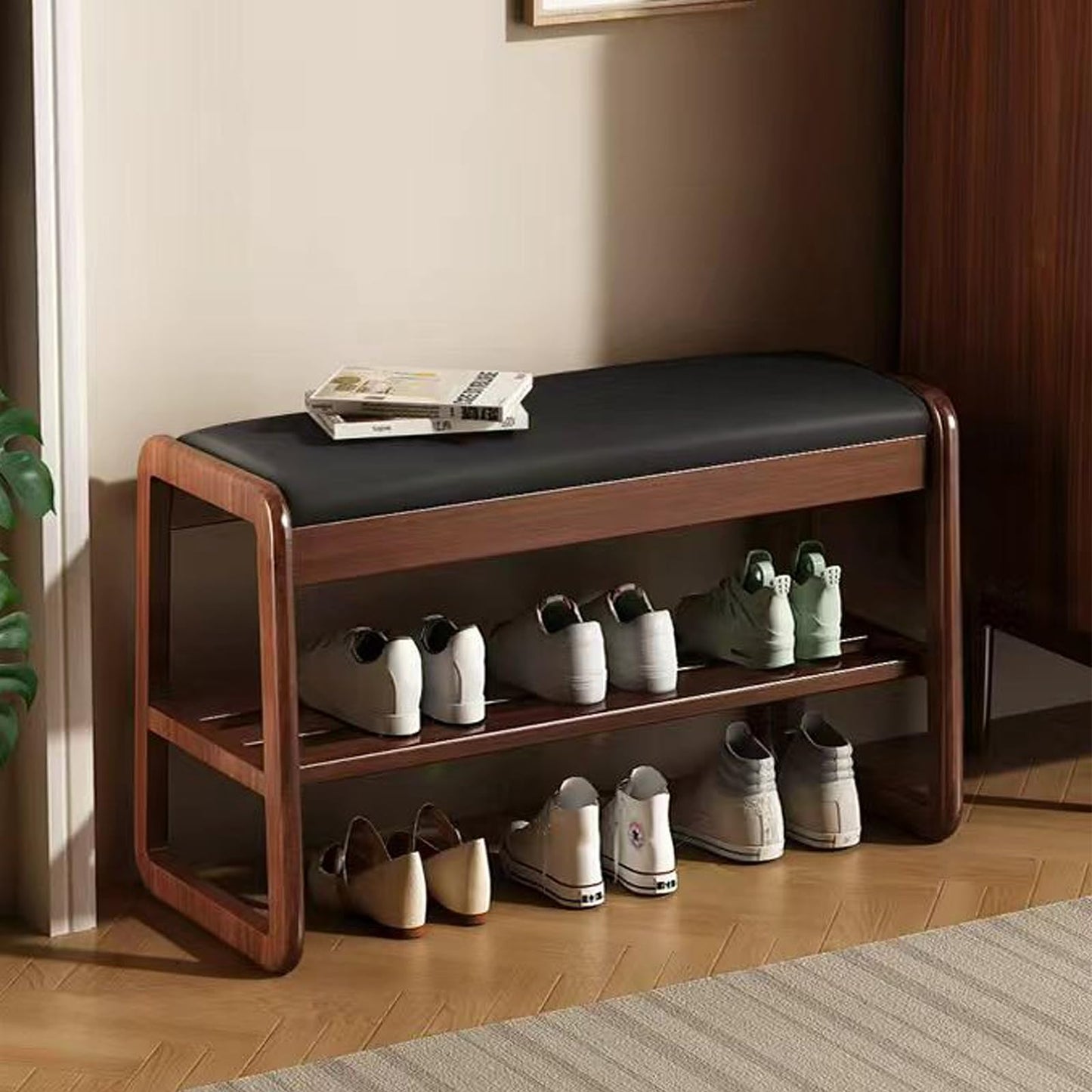 HOOTSMALL Wooden Shoe Storage Bench with Padded Top Cushion, Two-Tier Wooden Shoe Rack, Suitable for Bedrooms and Living Rooms, Black Walnut(31.5'')