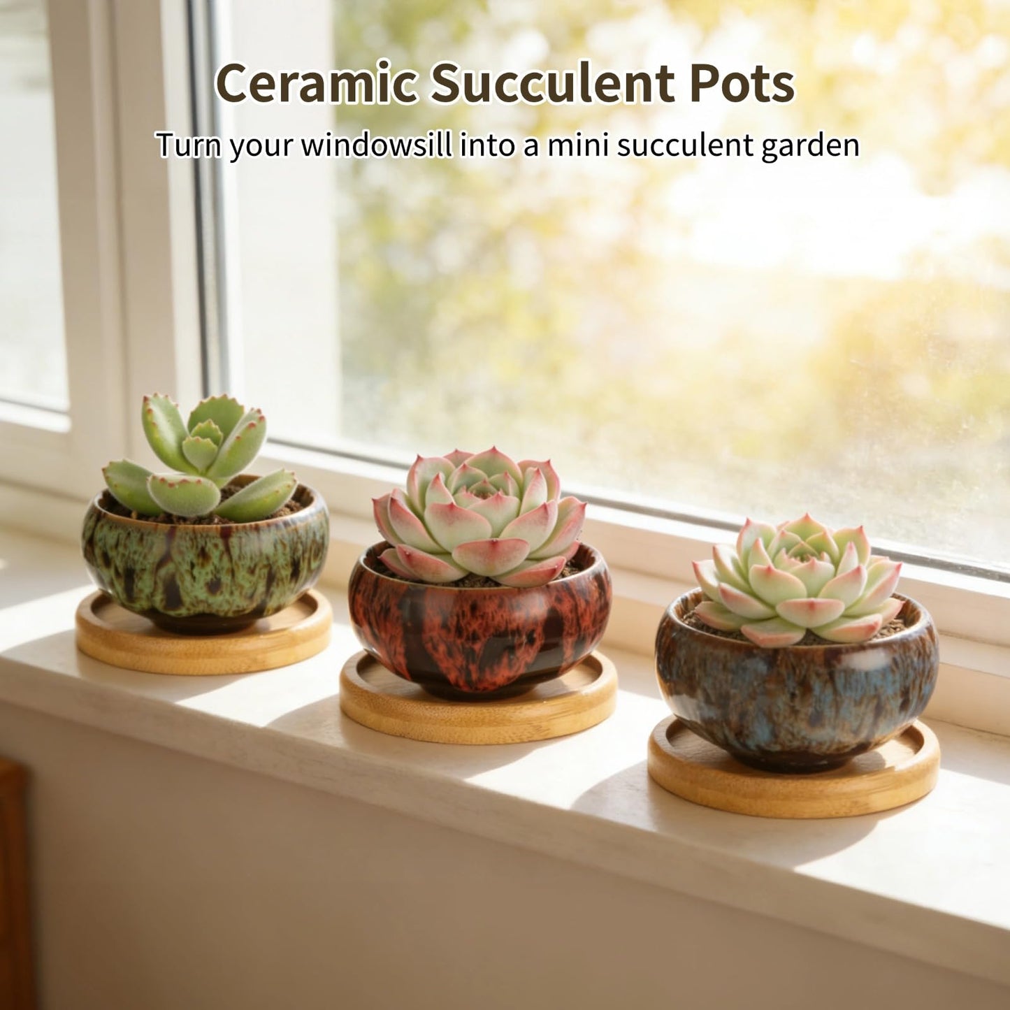 OMISTAR 12 PCS Mini Ceramic Succulent Pots 2.5 in, Colorful Glazed Planters with Drainage Hole, Small Round Flower Pots with Bamboo Trays, Indoor Desktop Windowsill Plant Pot Set