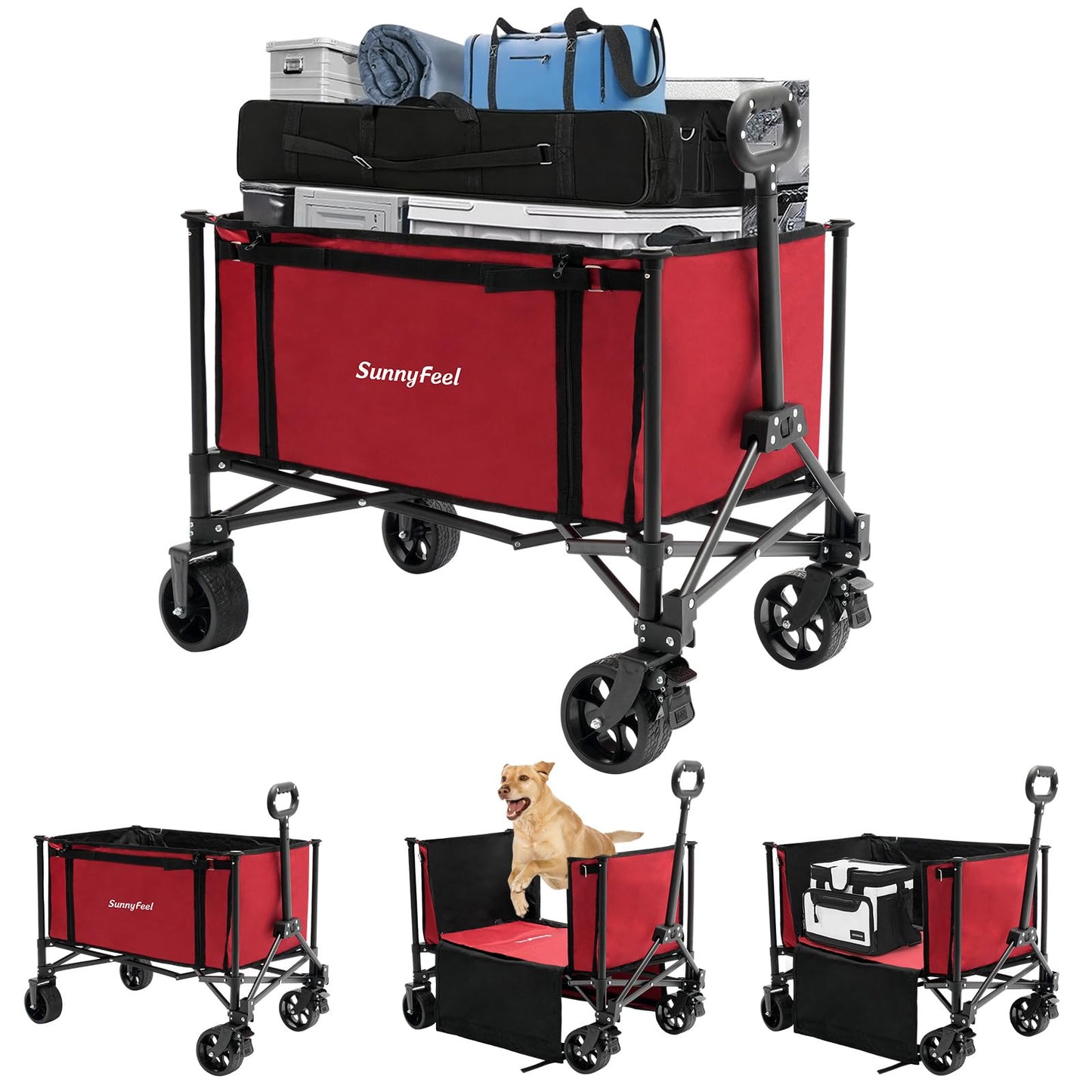 SUNNYFEEL Collapsible Wagon Cart, 200LBS Capacity Foldable Camping Cart with Wheels, Adjustable Handle， Lightweight Wagon for Shopping, Garden，Beach & Pet Use