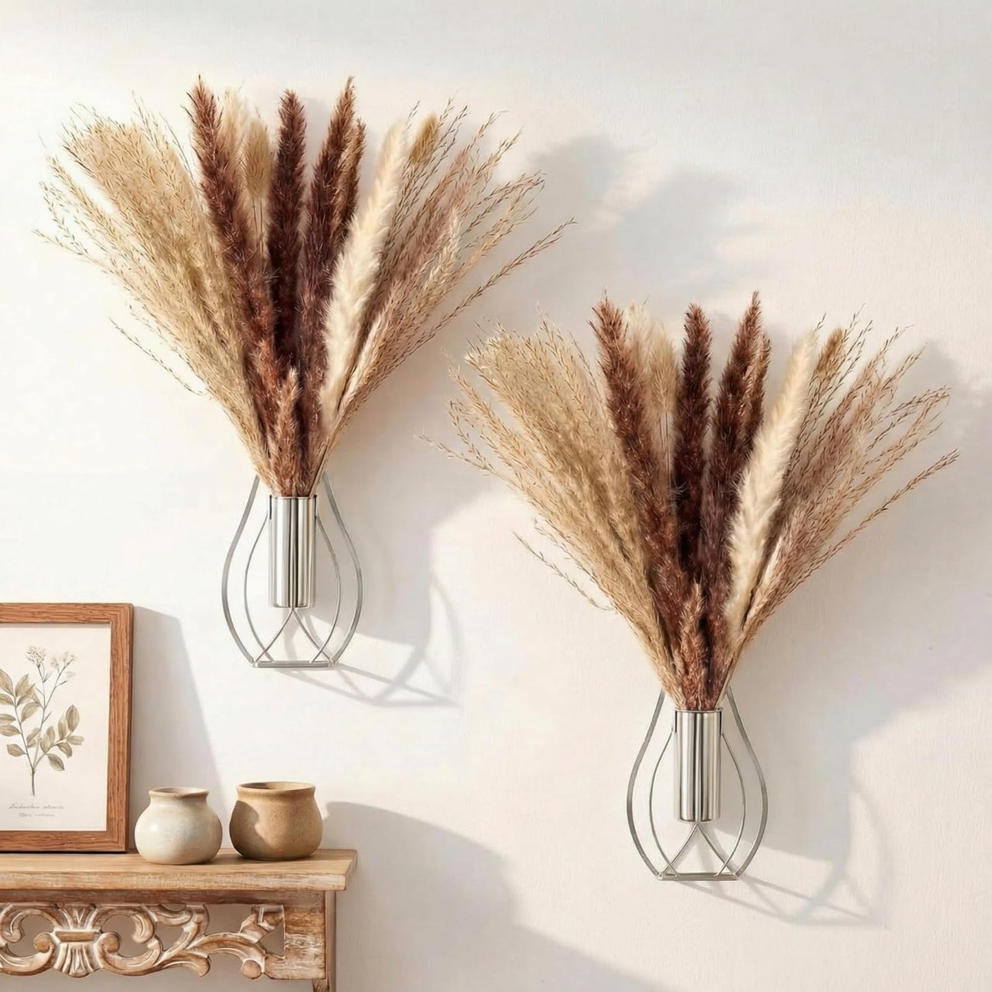 Otoolling Boho Wall Decor Set of 2 – Metal Hanging Wall Art with Faux Pampas or Eucalyptus,Minimalist Bohemian Accent for Living Room, Bedroom, Entryway(Silver,Pampas)