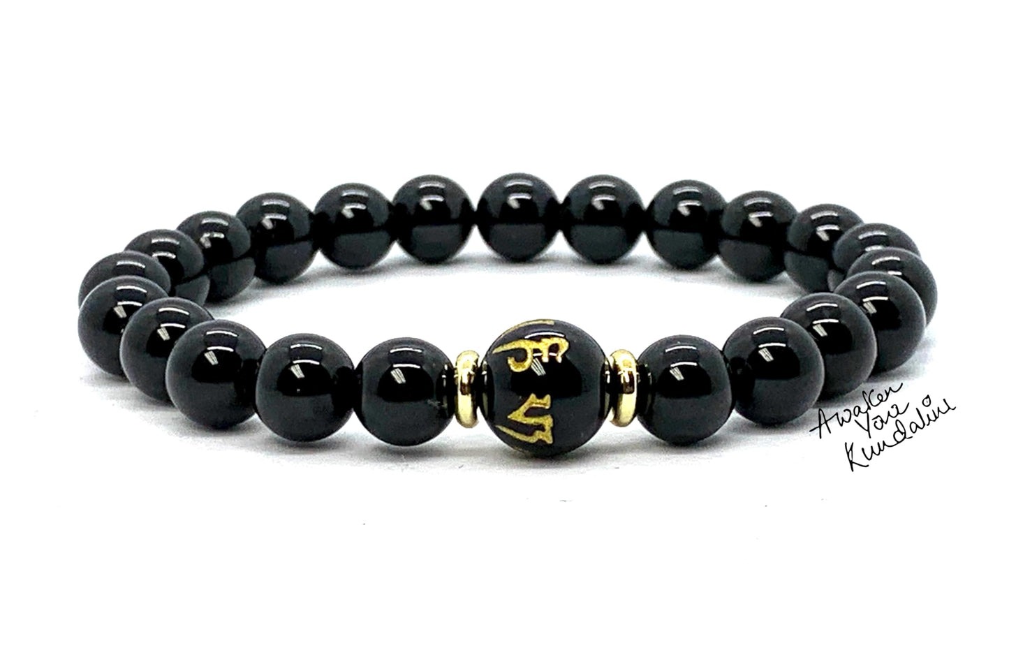 Black Obsidian Buddhist Prayer Beads Stretch Bracelet | Om Mani Padme Hum Mantra | Scorpio Zodiac Birthstone for October November | Root Chakra Association (Wrist Size 9.5 Inches)