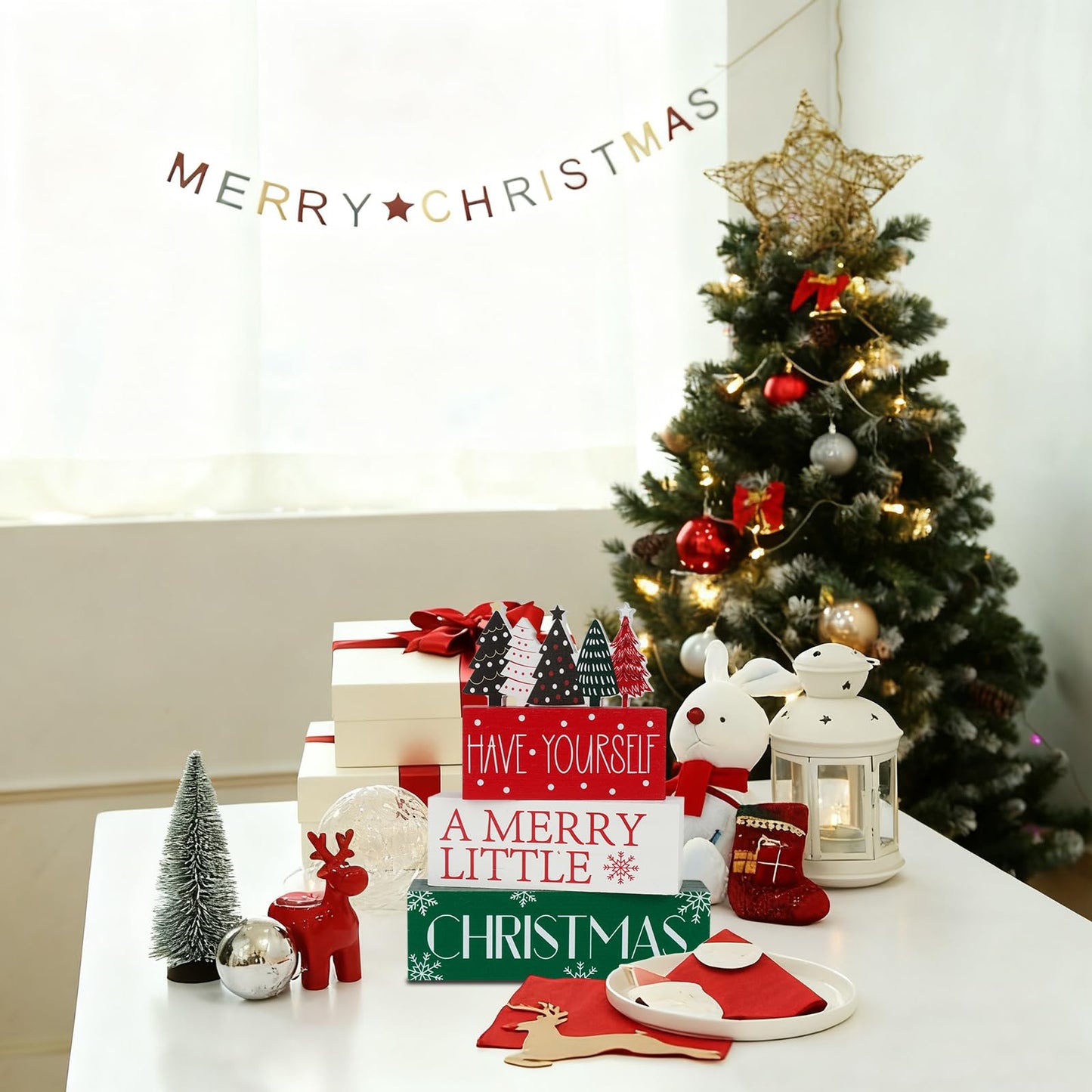 4 Pcs Christmas Table Decor Christmas Tree Wooden Table Decorations Winter Tiered Tray Decor Centerpieces Rustic Decorative Tree Block Signs Gift Xmas Sign for Home kitchen Shelf