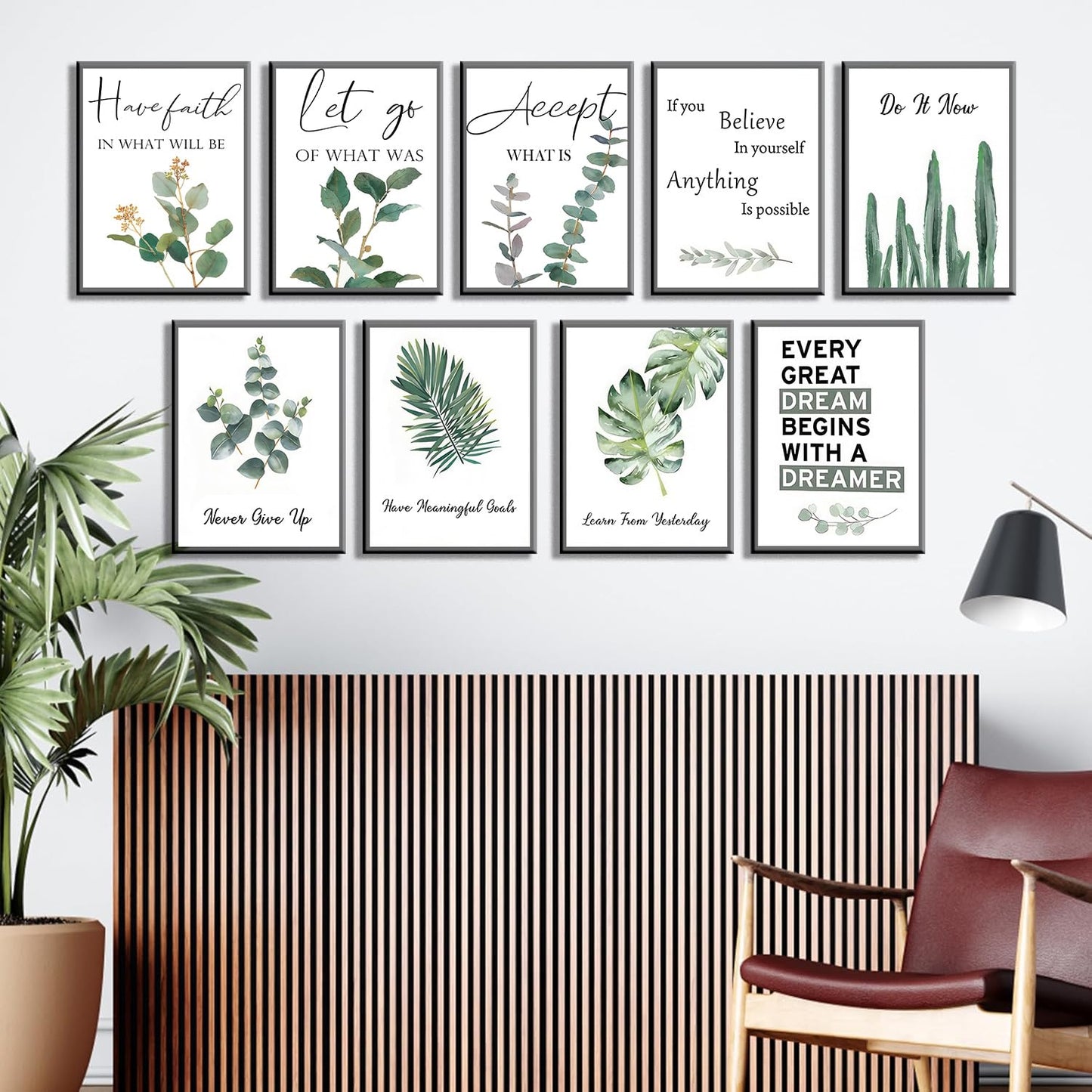9pcs Inspirational Wall Art Motivational Quotes Wall Decor for Office Inspirational Eucalyptus Leaves Sage Poster Never Give Up Canvas Prints Painting Picture for ClassroomBedroom 8x10in Unframed
