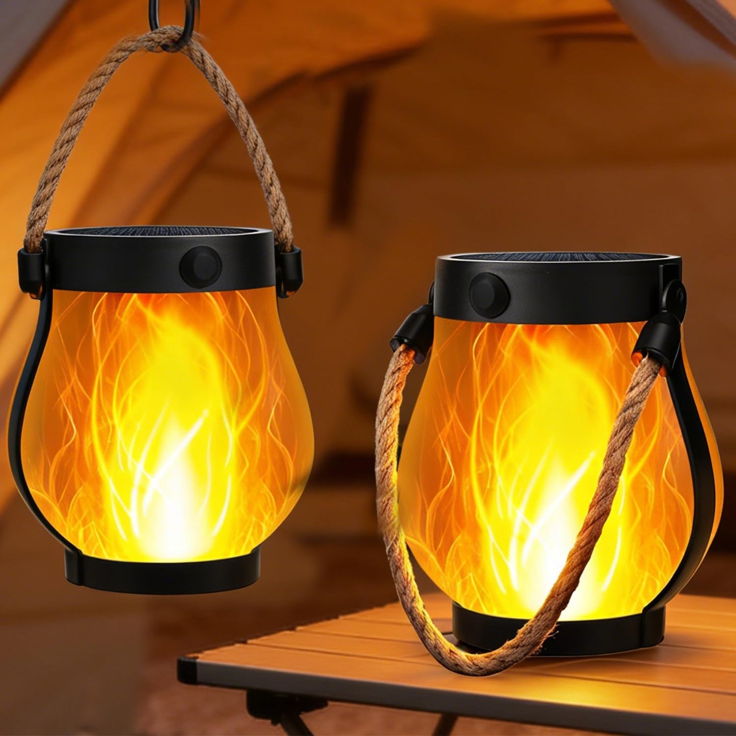 Yomistar Solar Lanterns Outdoor Waterproof 2 Pack Hanging Solar Lantern with Flickering Flame, Solar Flame Lantern with USB Charging, Decorative Lanterns Lights for Yard Porch Camping Patio