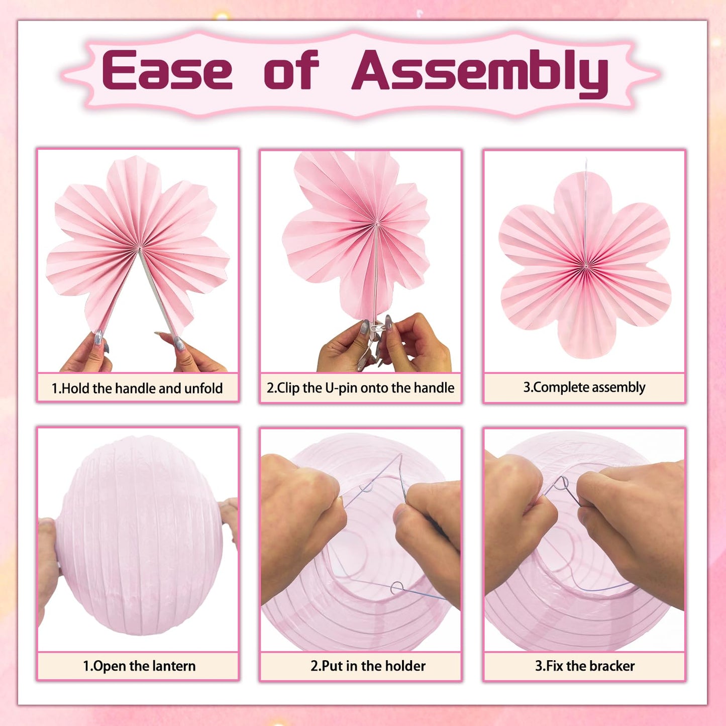 Pink Party Decorations, 18Pcs Hot Pink Hanging Paper Lanterns & Flower Fans 8"-14" for Girls Birthday, Bridal Shower, Wedding, Bachelorette, Girls Night, Graduation Party Decor