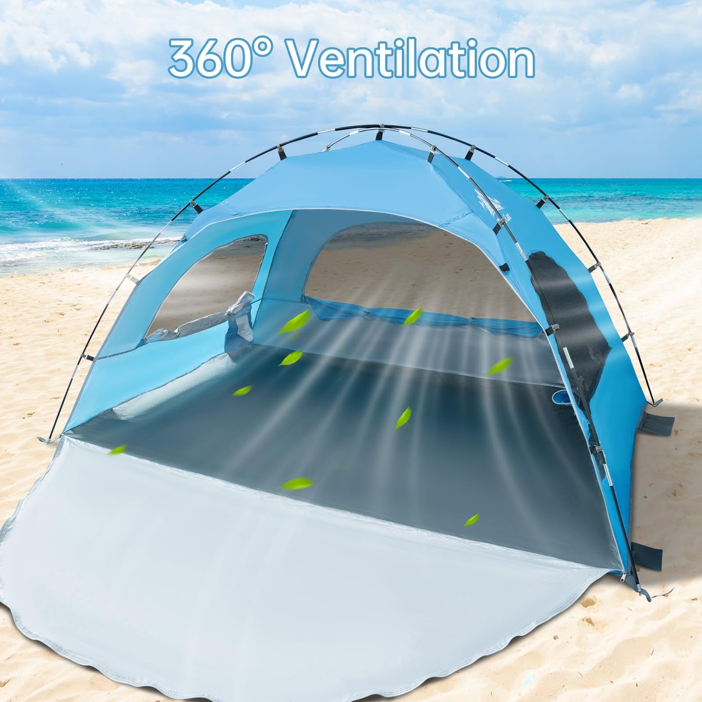Night Cat Beach Tent Portable Camping Sun Shade Shelter for 2-4 Persons with UV Protection 3 Breathable Mesh Windows Extended Tent Floor Easy Set Up Outdoor