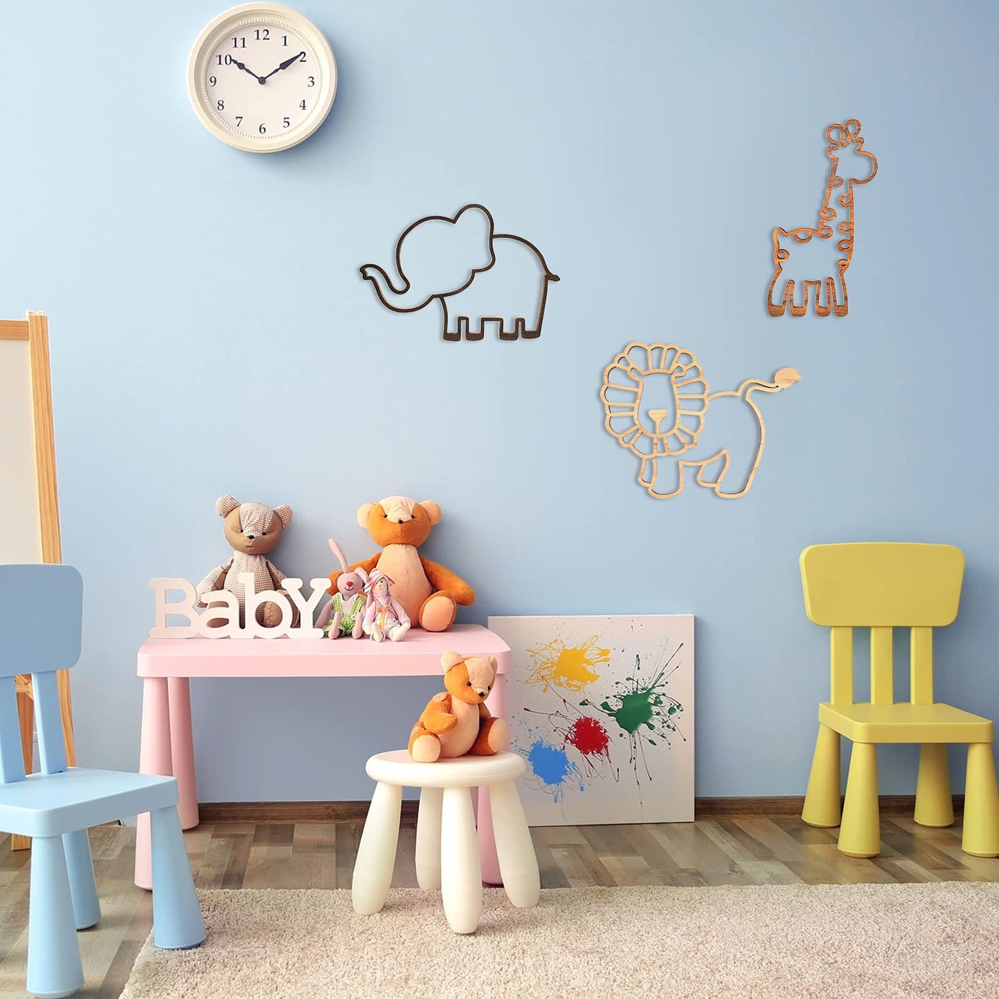 Yulejo 3 Pieces Nursery Wall Decor Jungle Theme Nursery Decoration Wooden Woodland Safari Animal Wall Decor with Glue Points for Bedroom