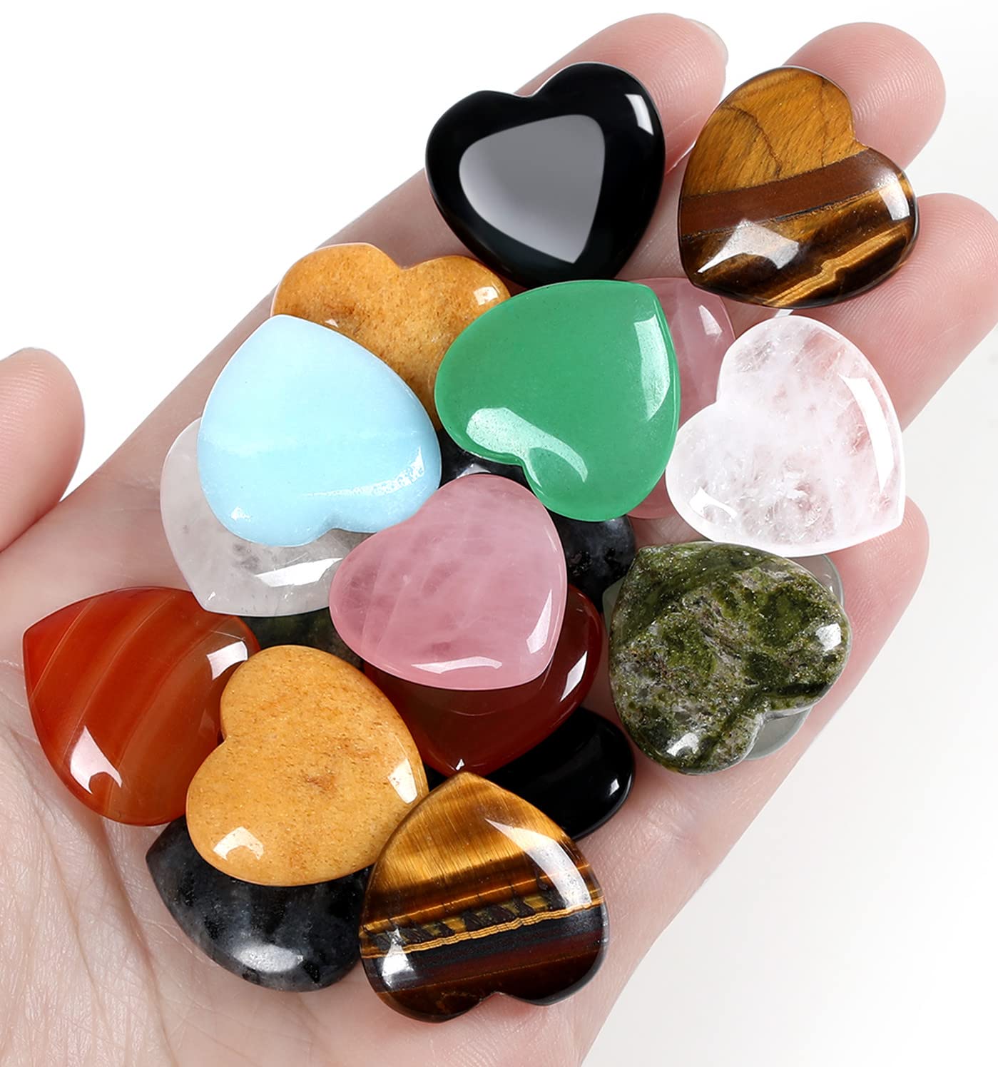 QINJIEJIE 10PCS Crystals Heart Healing Stones Rose Quartz Amethyst Polished Love Stone Palm Natural Gemstones Set Wholesale Reiki Balancing Meditation 0.8" Crystal Gifts for Women