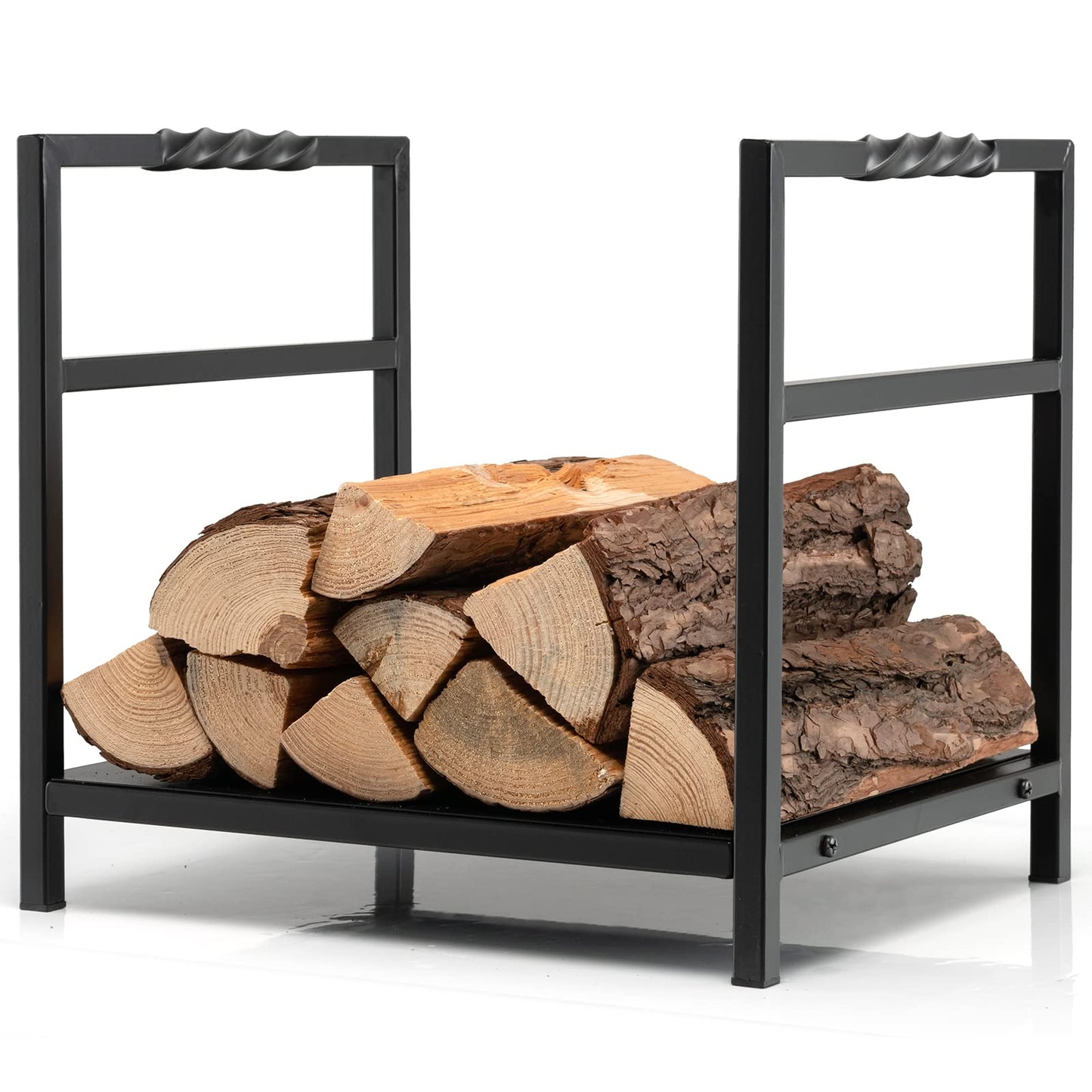 Tangkula Firewood Log Rack, Heavy Duty Firewood Holder with Unique Handle and Raised Feet, Firewood Storage Holder for Fireplace, Stove, Fire Pit, Easy Assembly, Black