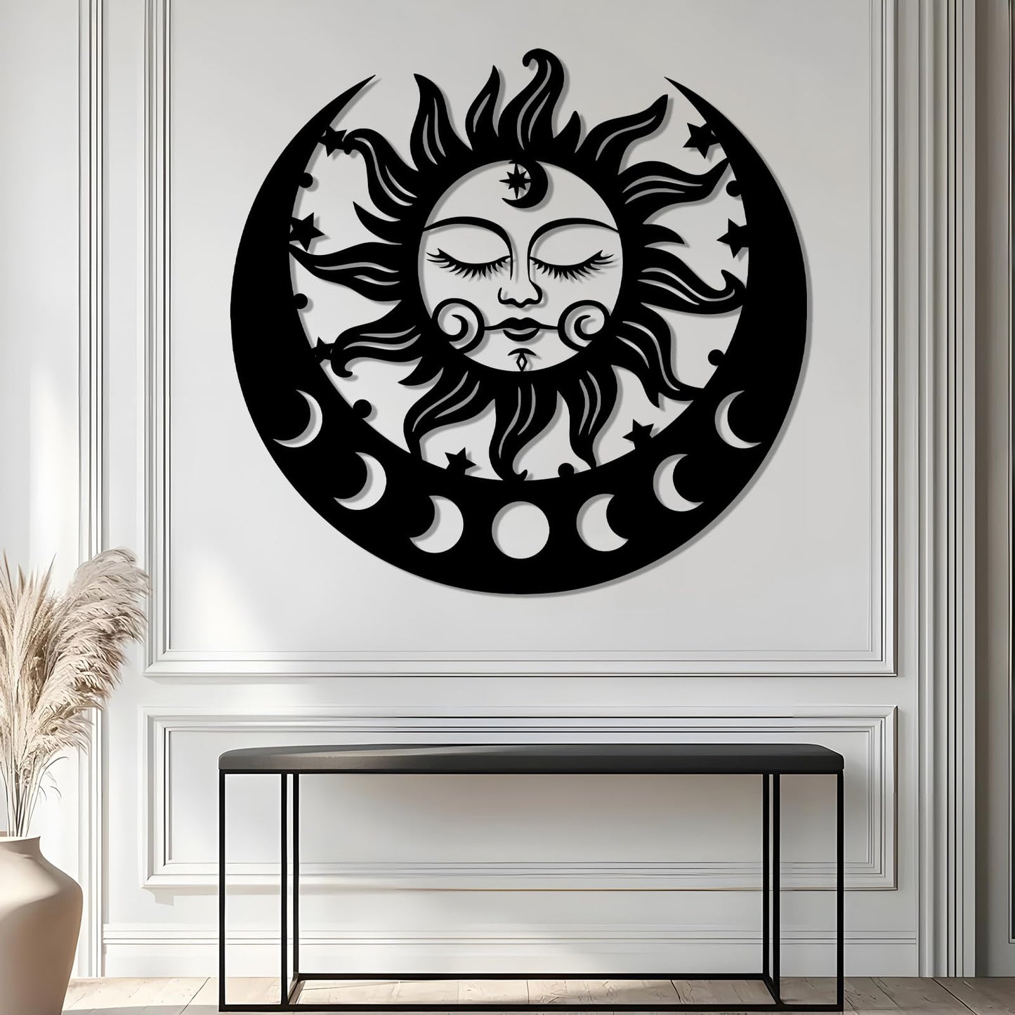 Sun and Moon Metal Wall Decor, Moon Phase Metal Wall Decor, Boho Celestial Wall Art, Celestial Sun Moon Wall Art, Large Sun Face Wall Hanging for Living Room, Outdoor (Black, 38"x35"/96x90cm)