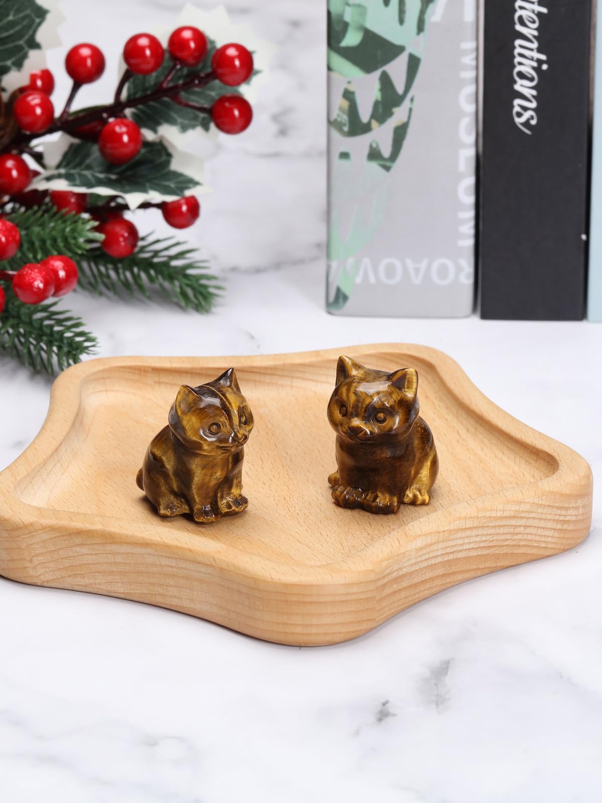 CrystalTears Tiger Eye Crystal Cat Figurine Carved Healing Crystal Gemstone Cat Lucky Cute Stone Cat Statue for Home Office Desk Meditation Decor Crystal Gifts for Women Men Cat Lover Christmas