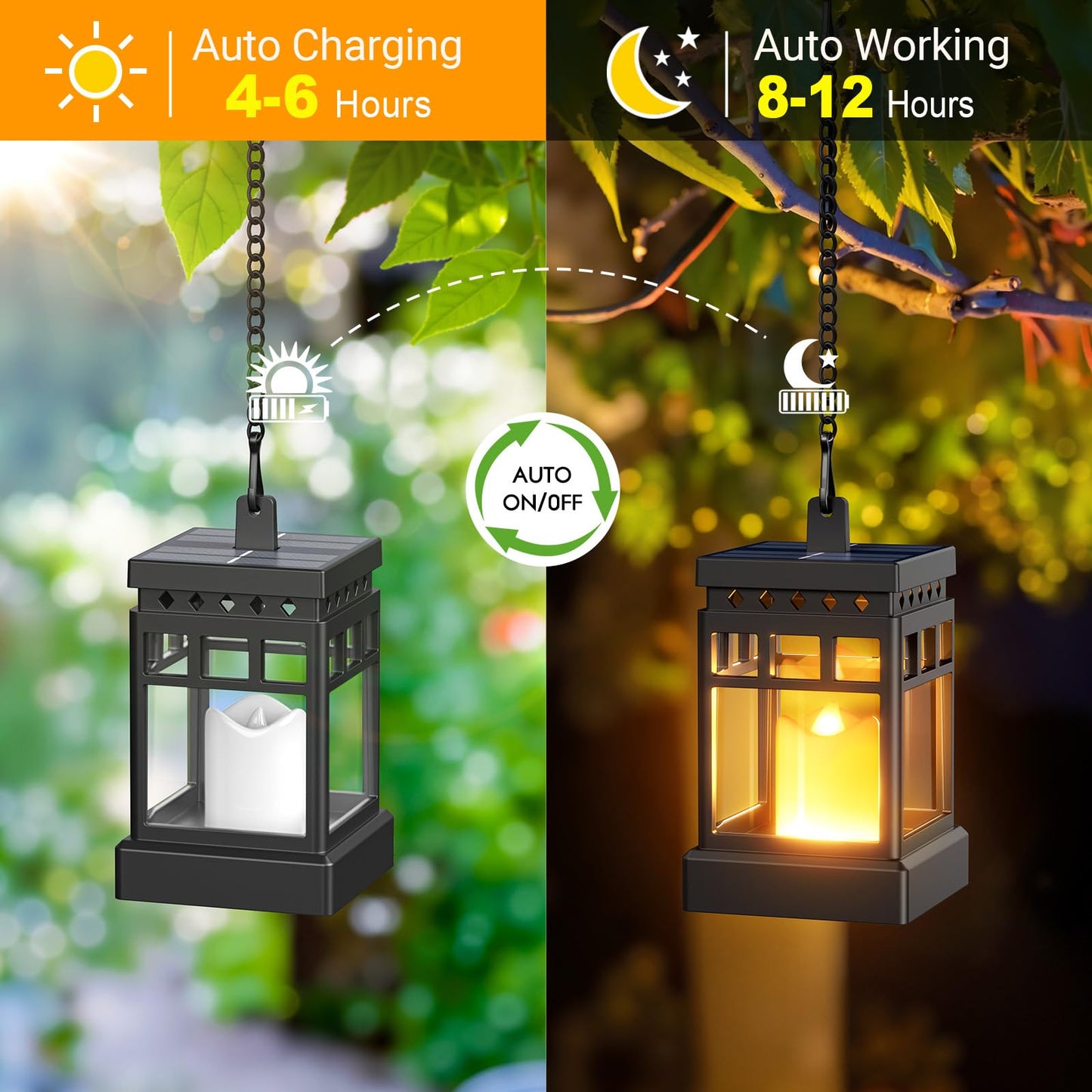 KOOPER Solar Lanterns Outdoor Waterproof, 2 Modes Hanging Solar Lantern with LED Realistic Flickering Flameless Candle, Candles Lanterns Lights Decorative for Outside Hanging Patio Yard Table Tree