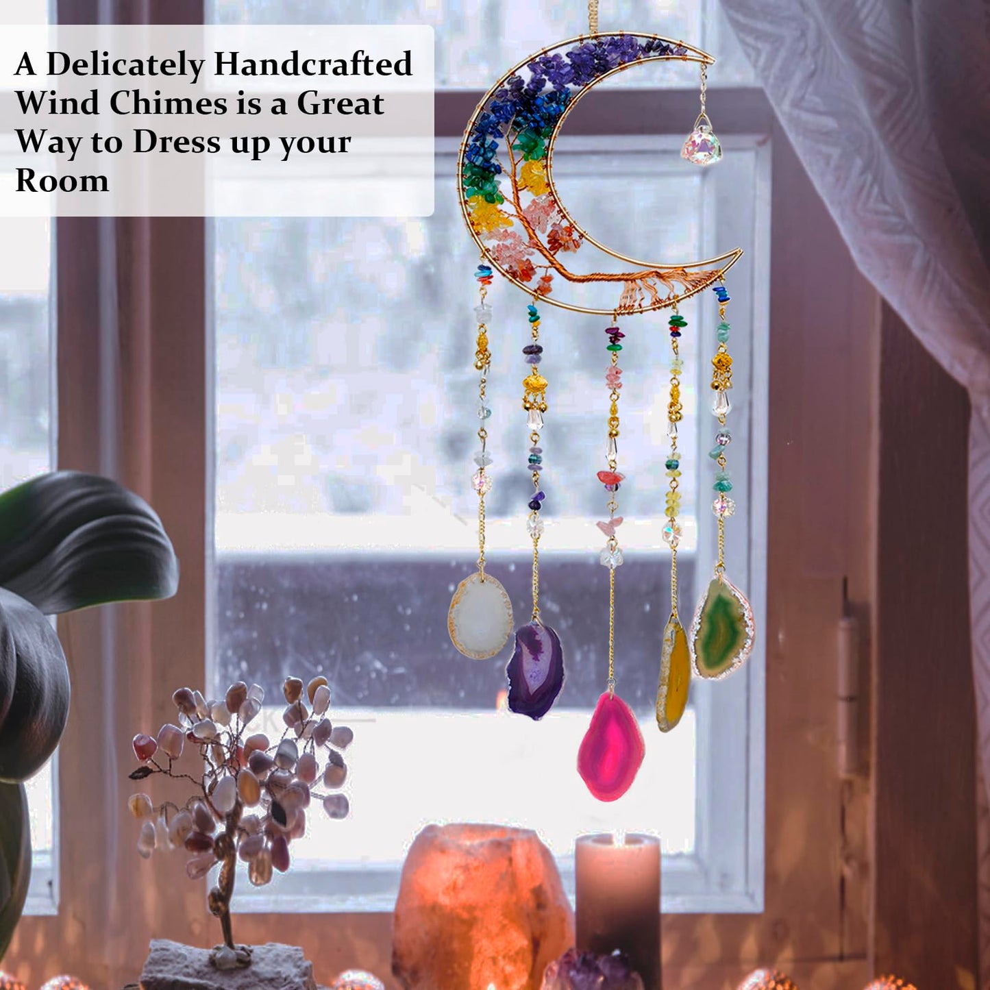 7 Chakra Crystal Wind Chimes, Moon Shaped Dream Catcher, Sun Catchers, Healing Crystal Decor, Reiki, Feng Shui Metal Art Wall Decor for Room, Bedroom, Home, Unique Gifts for Women for Good Luck