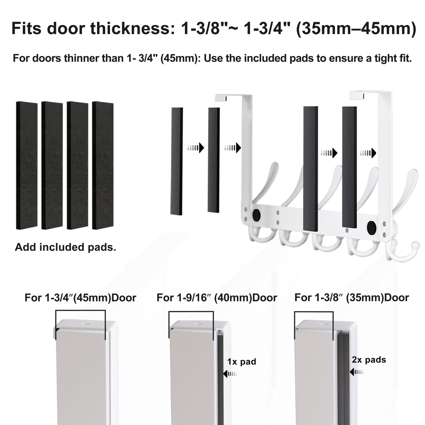 Dseap Over The Door Hook Hanger - Fits 1 3/8" to 1 3/4" Standard Doors | 5 Tri Hooks Heavy Duty Towel/Coat Rack | Door Organizer for Clothes, Jackets, Hats, Towels, Black