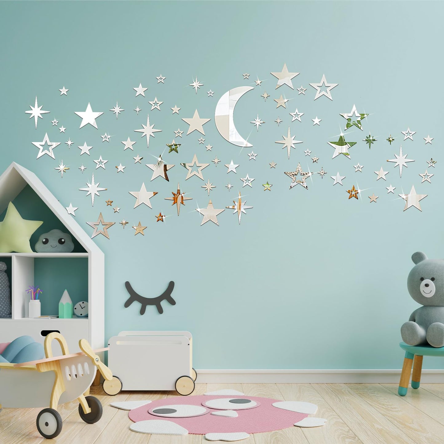 Shappy 100 Pcs Acrylic Moon Star Mirror Wall Stickers Decal 3D Acrylic Mirror Stickers Removable Decal for Room Good Night Nursery House Bedroom Wall Decor(Silver)