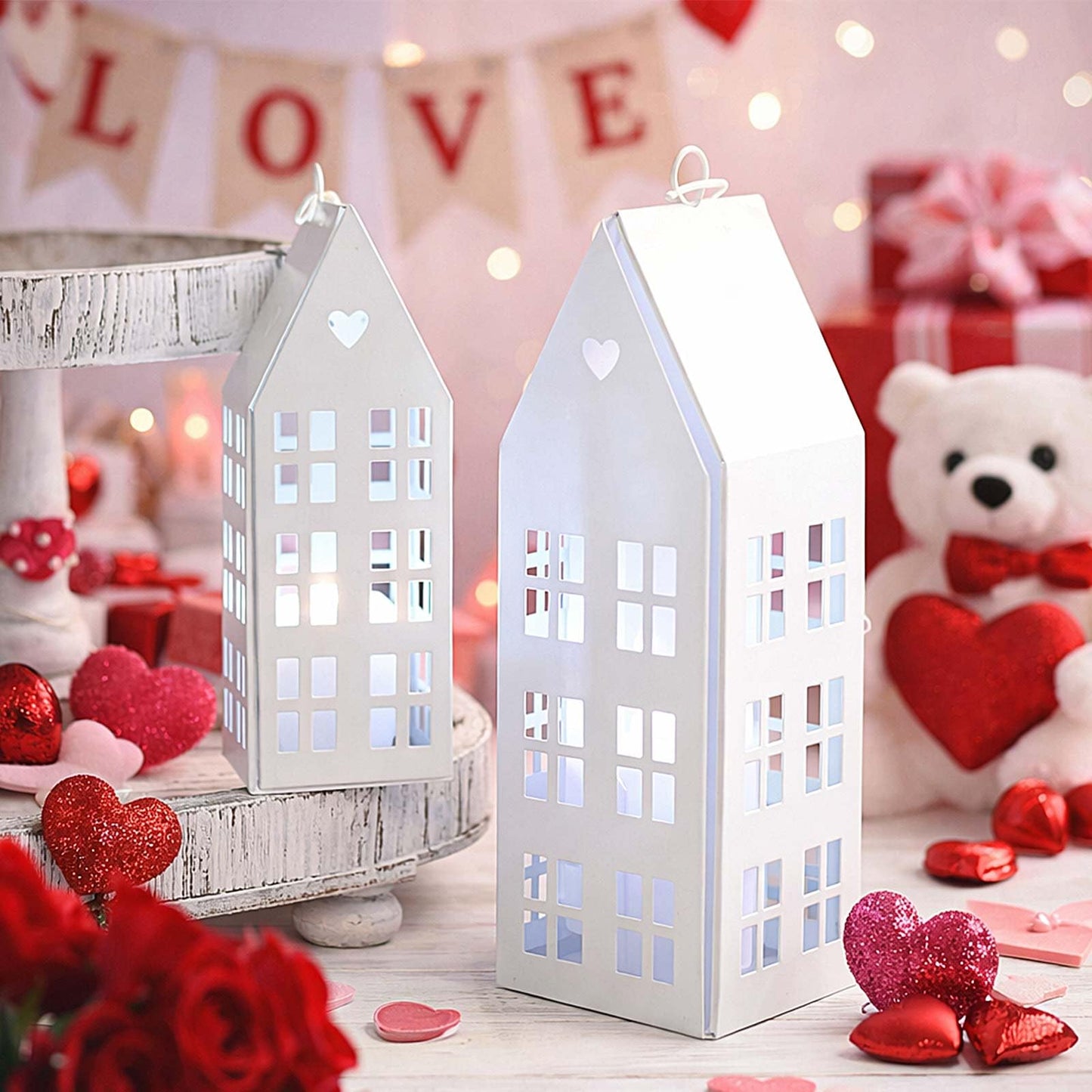 SiliFine 2 Set White Farmhouse Village Sets with 2 Pcs White Candles Rustic Houses Village Decor Metal Modern Lantern Decorative for Wedding Valentine's Day Home, Tabletop, Shelf Decor