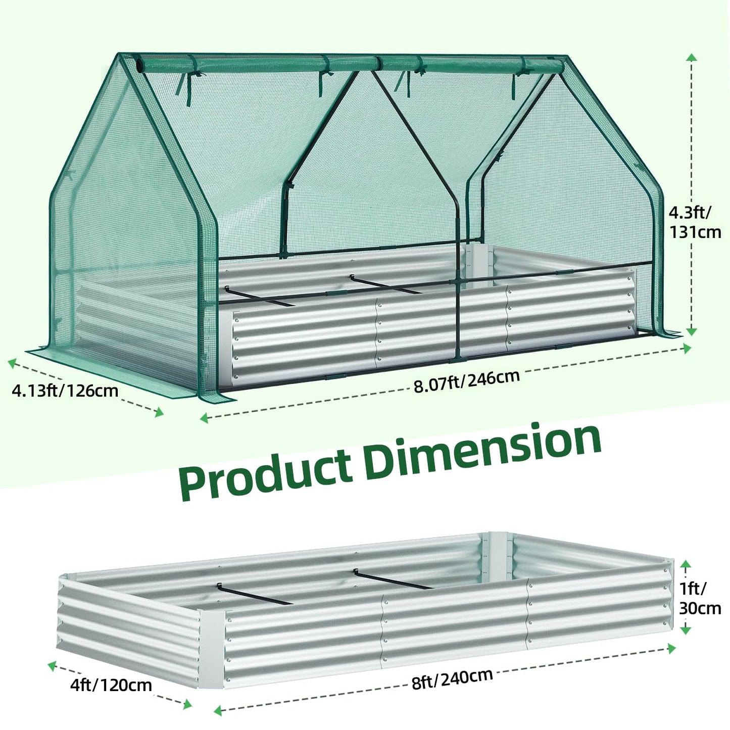 Ohuhu Raised Garden Bed with Greenhouse Cover, 8x4x1 FT Galvanized Metal Planter Box Outdoor with PE Cover, 4 Doors for Ventilation, 3-in-1 Gardening Set for Vegetable Flower Herb Succulent