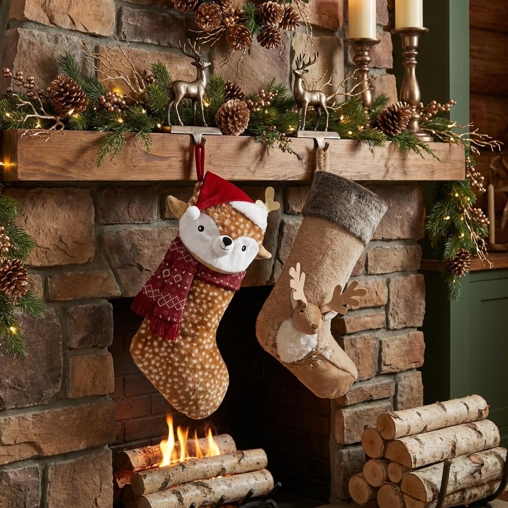 Valery Madelyn Christmas Stockings Decorations, 21 Inch Fabric Red Brown Sika Deer Cute Plush Personalized Fireplace Hanging Ornament for Holiday Xmas Party Decor