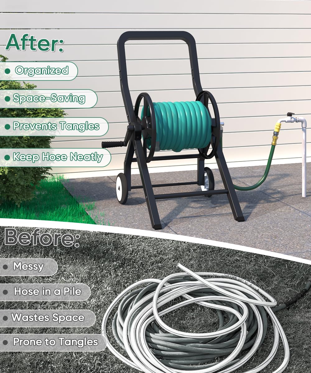 Artigarden Garden Hose Reel Cart with Wheels, Outdoor Heavy Duty Powder-coated Steel Water Storage Winder Holder, Holds 125 ft of 5/8’’ Hose with 3.9 Ft Leader Hose for Outside Lawn Yard, Black