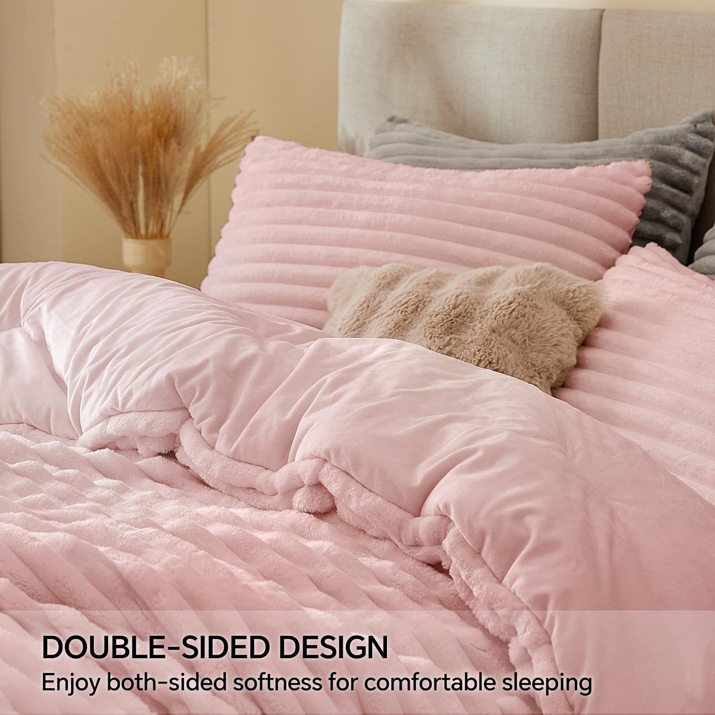 BEDELITE Fleece Queen Comforter Set -Super Soft & Warm Fluffy Pink Bedding, Luxury Fuzzy Heavy Bed Set for Winter with 2 Pillow Cases