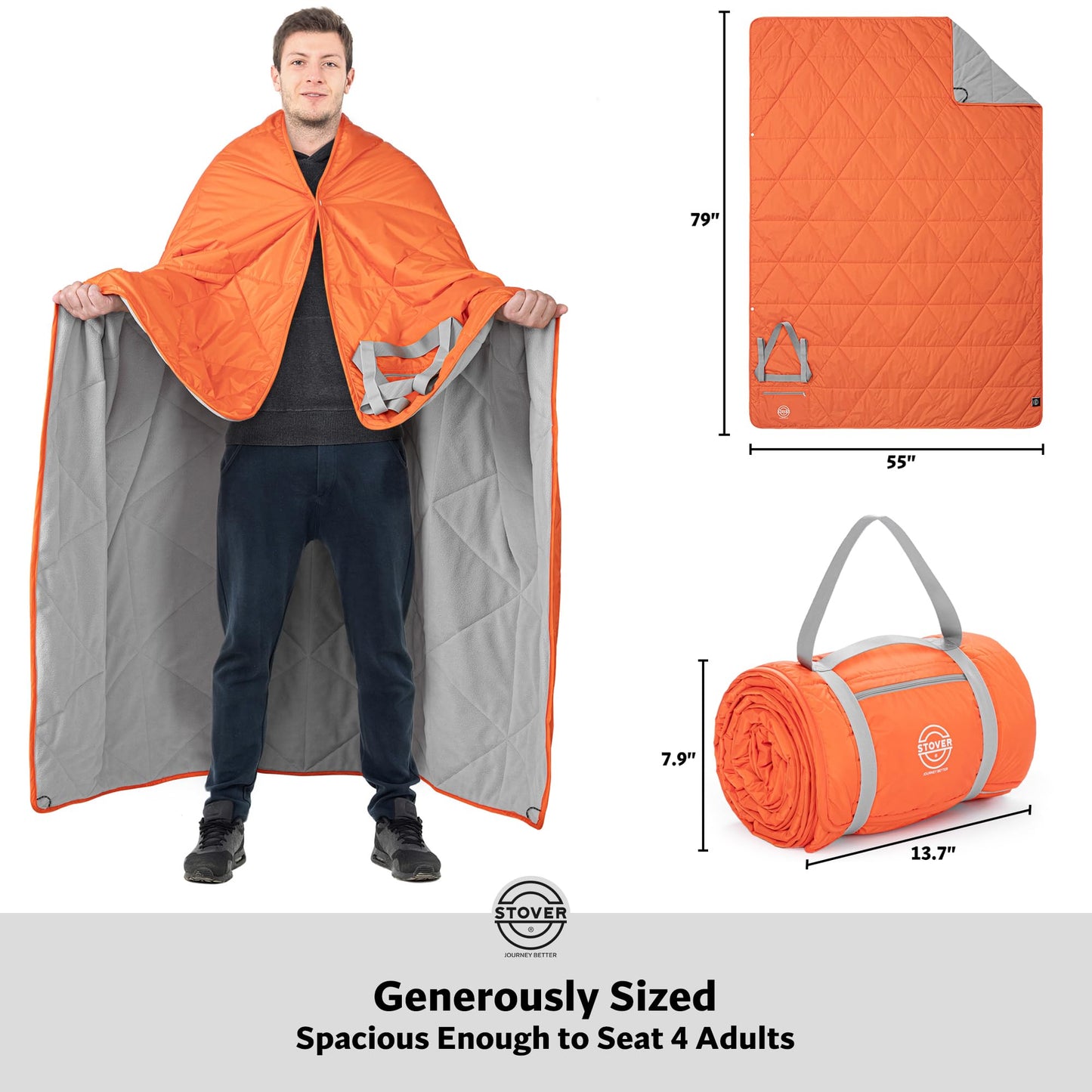 STOVER Large Waterproof Outdoor Stadium Blanket- Extra Thick Soft Fleece Camping Blanket for Travel, Picnics, Sports, Dogs- 79"x55" Warm, Windproof, Sand-proof, Lightweight, Packable (Game Day Orange)