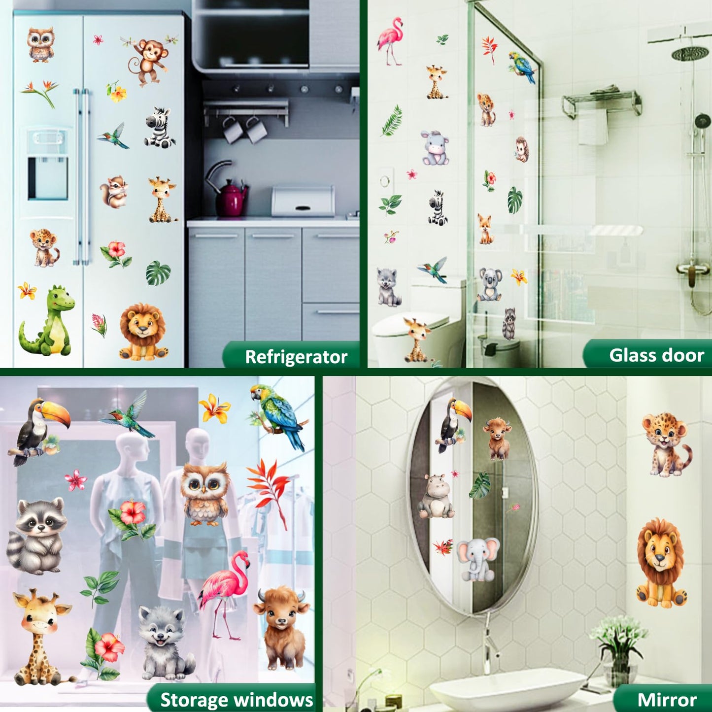 38 Animal Window Stickers, Cute Elephant, Monkey, Bird Window Stickers, Perfect for Parties, Decorating Rooms, Living Rooms, Kitchens, bathrooms, refrigerators, Tile Stickers