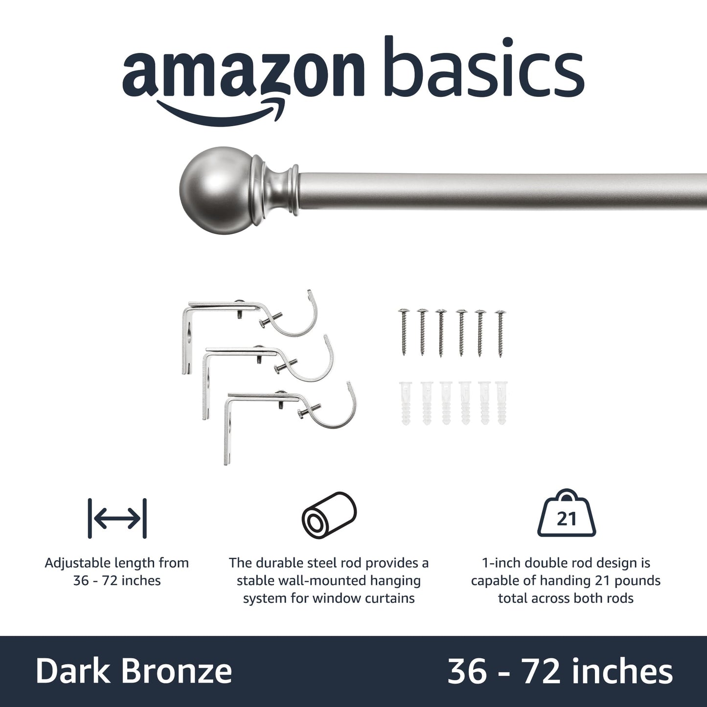Amazon Basics Sturdy Adjustable Curtain Rod for Windows with Round Finials, Easy Installation, 1-Inch Rod, 36" to 72", Nickel, 1-Pack