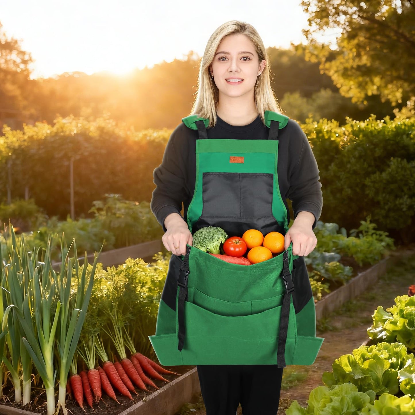 Garden Harvest Apron, Patioland Green Adjustable Fruit Picking Apron w/Bottom Release Pocket,Gardening Apron with Gloves for Women & Men, Fruit Picking and Foraging Apron for Gardeners,Gardening Gifts